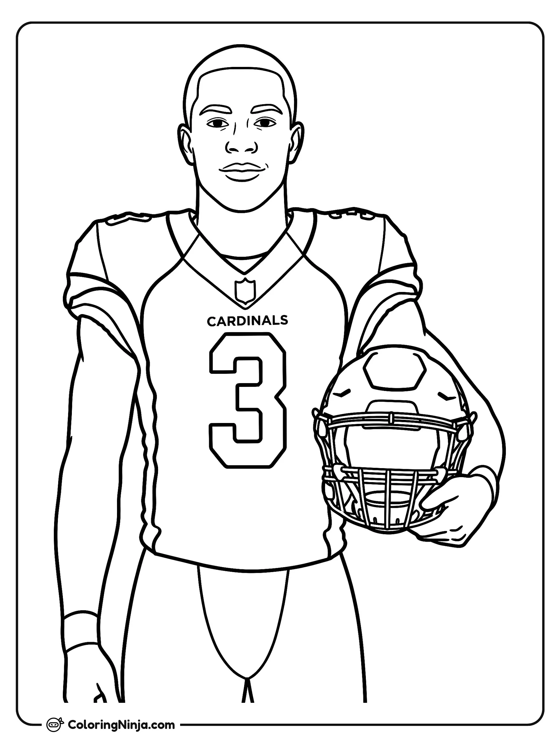 Retrato de Jeremiyah Love en la banda, dibujo para colorear: El jugador de fútbol americano Jeremiyah Love posa con orgullo luciendo el uniforme de su equipo, con el número 3 y el nombre Cardinals.