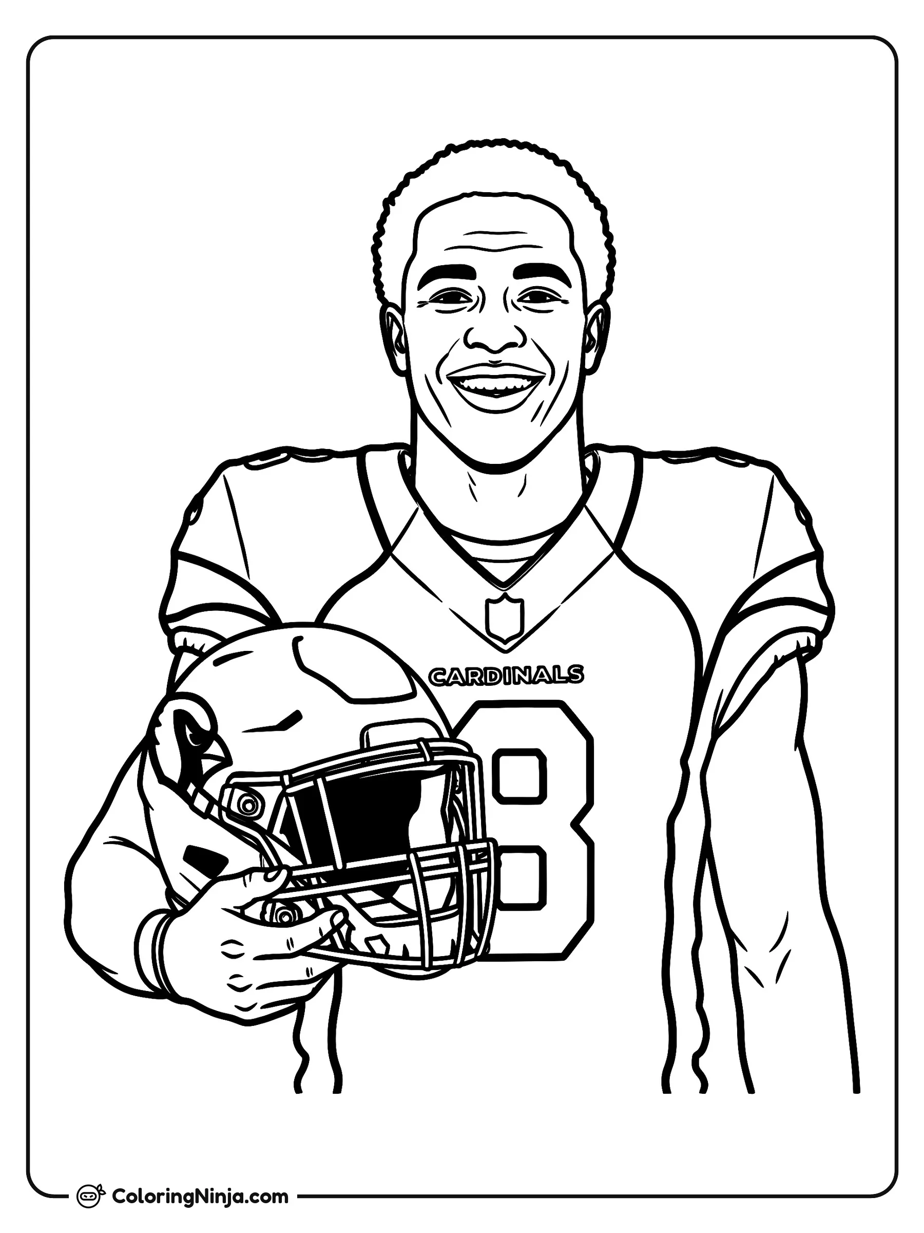 Jeremiyah Love Listo para el Partido, dibujo para colorear: Jeremiyah Love sonríe posando con su uniforme de fútbol americano y sosteniendo su casco bajo el brazo. Lleva el emparrillado en la piel con la camiseta de los Cardinals y el número ocho.