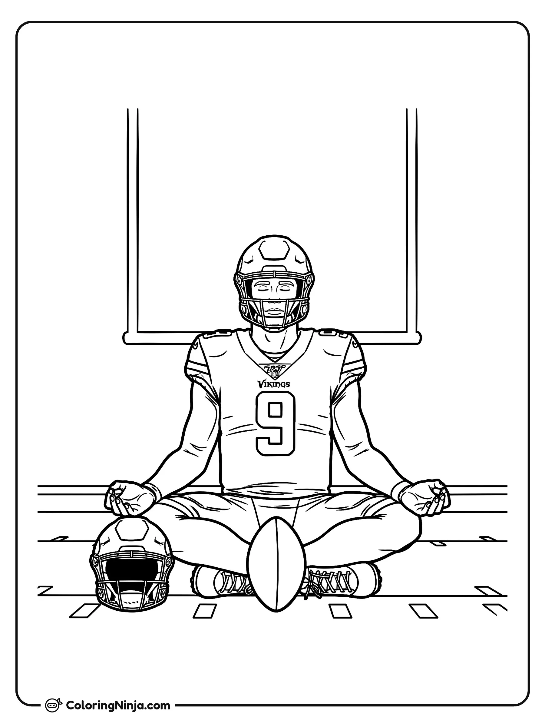 J.J. McCarthy meditando en el campo, dibujo para colorear: El jugador de fútbol americano J.J. McCarthy aparece sentado con las piernas cruzadas y los ojos cerrados en una postura de meditación frente al poste de gol.