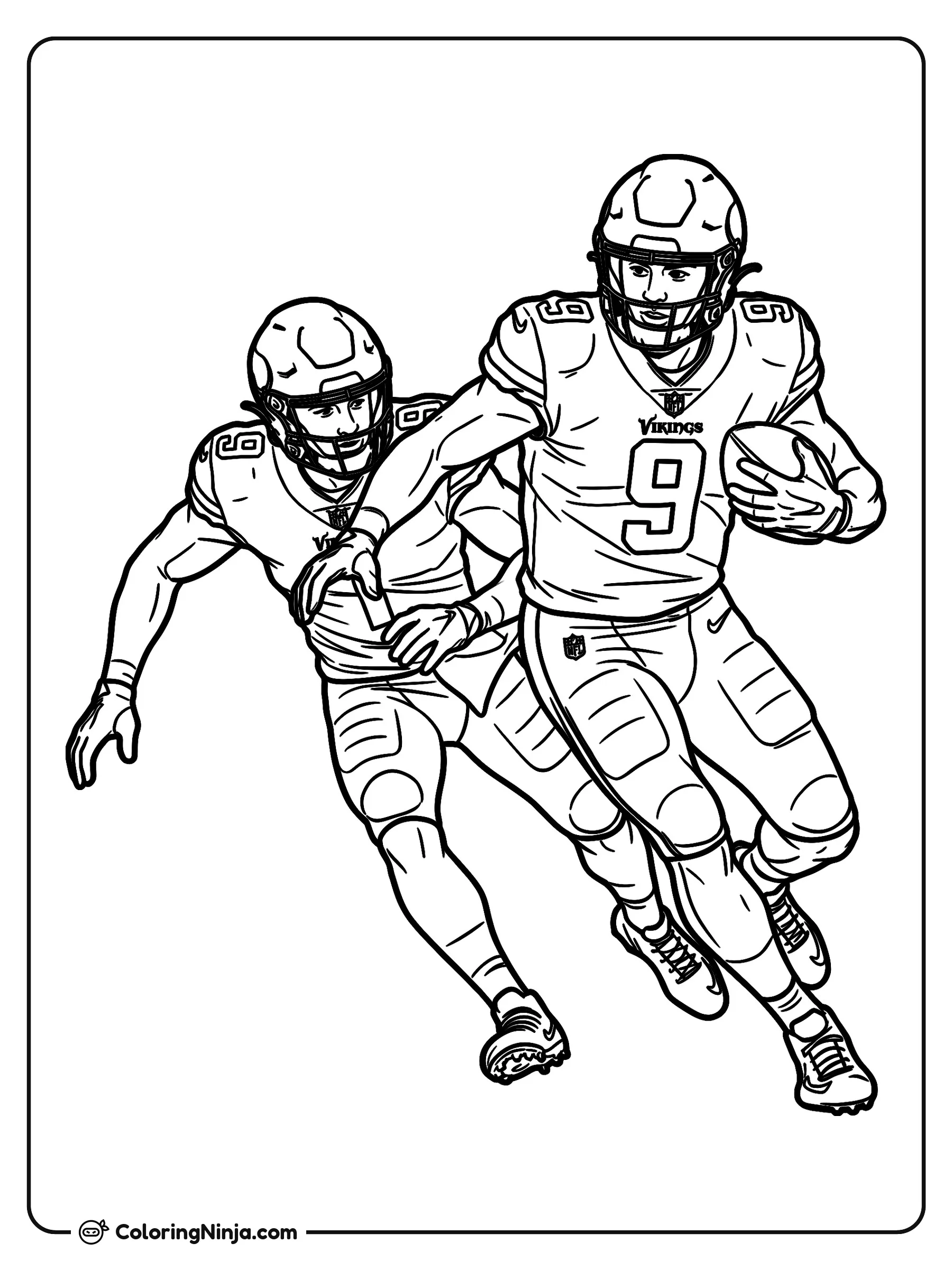J.J. McCarthy escapando en la jugada, dibujo para colorear: J.J. McCarthy corre velozmente por el campo con su uniforme número nueve de los Minnesota Vikings y el balón sujeto en el brazo.
