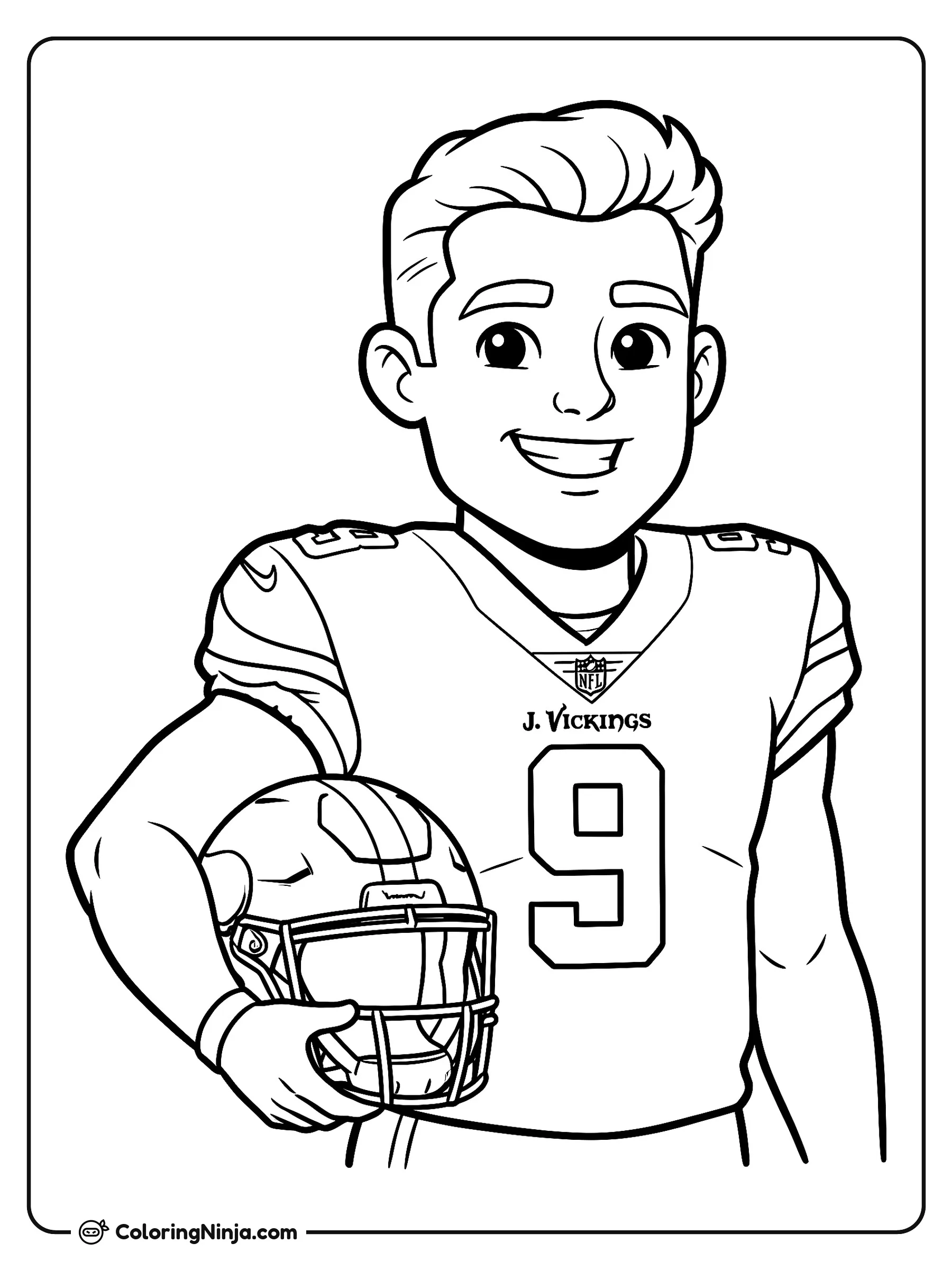 Retrato de caricatura de J.J. McCarthy, dibujo para colorear: J.J. McCarthy sonríe con su jersey de fútbol americano que lleva el número nueve. Sostiene su casco bajo el brazo, listo para entrar a la cancha.
