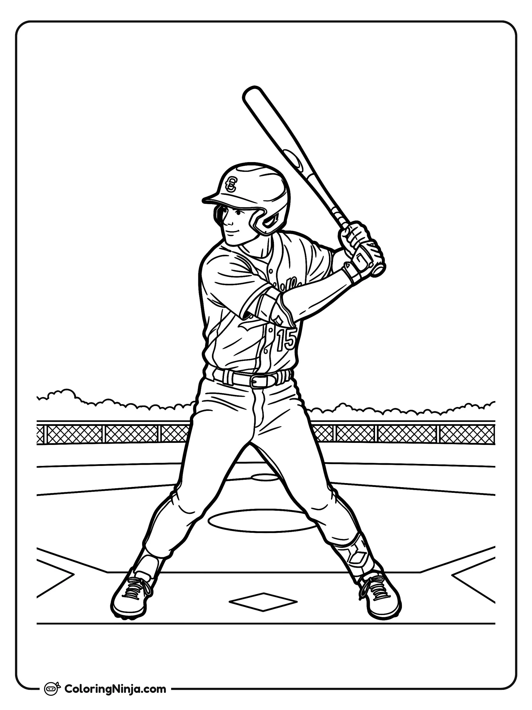 Bateador de béisbol JJ Weatherholt en el campo, dibujo para colorear: El jugador de béisbol JJ Weatherholt se encuentra en posición de bateo en el home, sujetando su bate con ambas manos y vistiendo su uniforme completo.