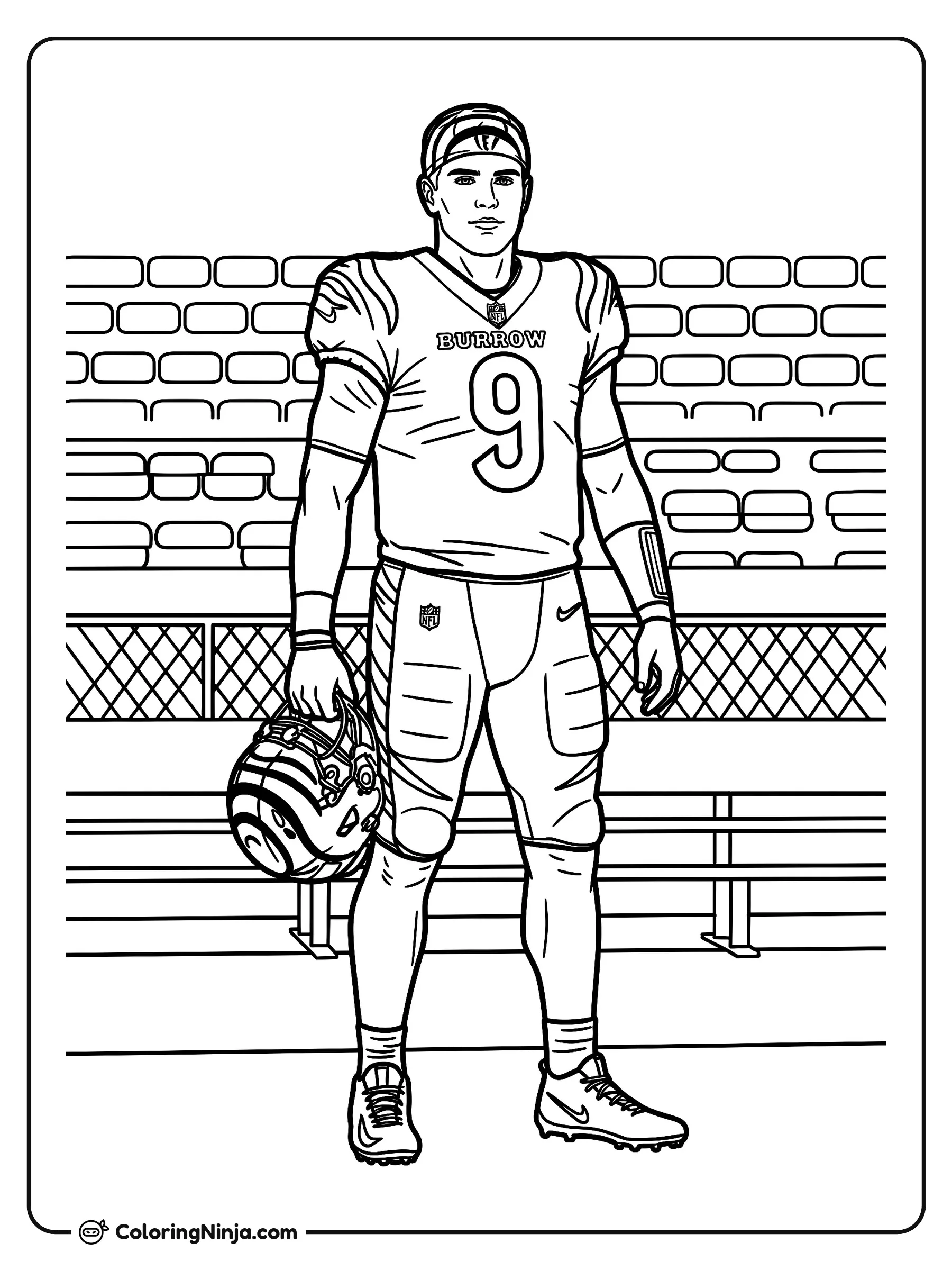 Joe Burrow con Casco en el Estadio, dibujo para colorear: El jugador de fútbol americano Joe Burrow se encuentra a un lado del campo portando su uniforme con el número 9 y sosteniendo su casco en la mano.