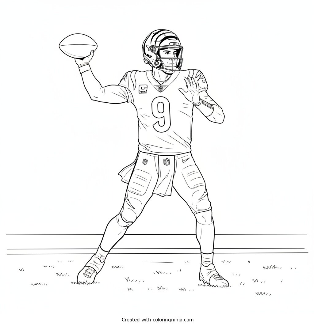 Joe Burrow Deep Pass Action Coloring Page