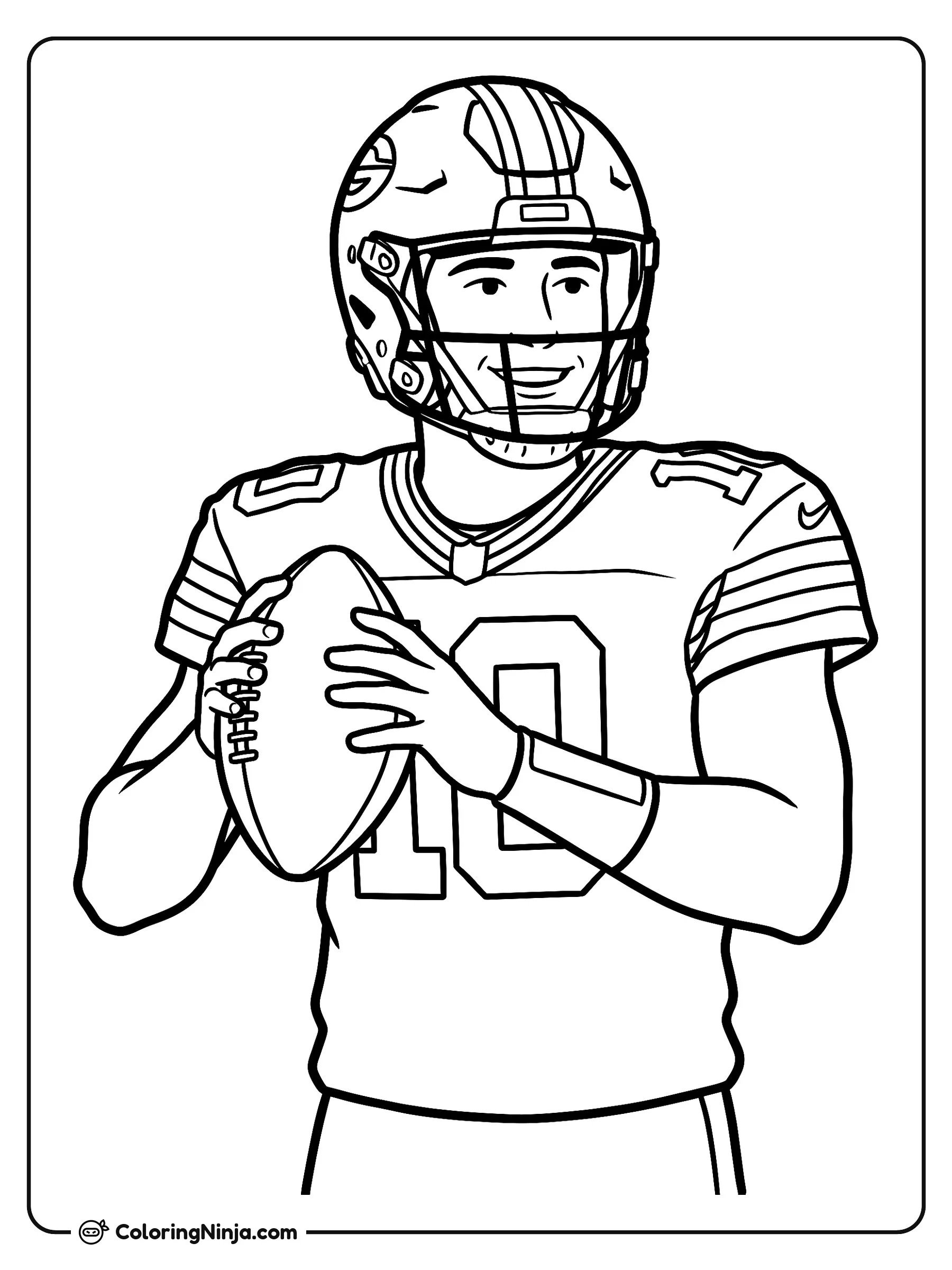 Jordan Love Mariscal de Campo de Green Bay Packers, dibujo para colorear: El mariscal de campo de los Green Bay Packers, Jordan Love, posa con su uniforme y casco mientras sostiene un balón de fútbol americano listo para pasar.
