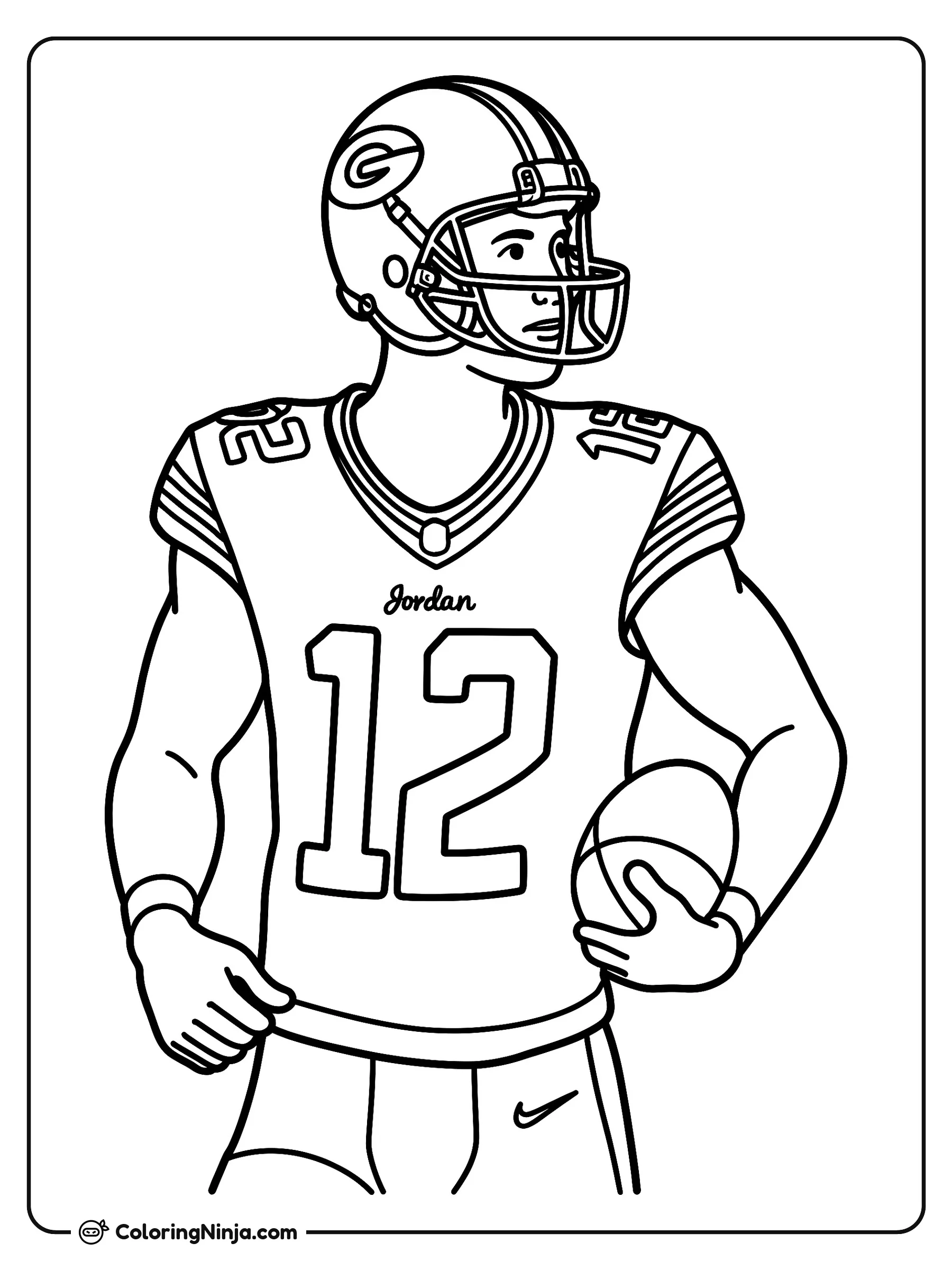 Jordan Love Mariscal de Campo de Green Bay Packers, dibujo para colorear: El mariscal de campo de los Green Bay Packers, Jordan Love, aparece de pie con su uniforme de fútbol americano y casco con el logo del equipo.