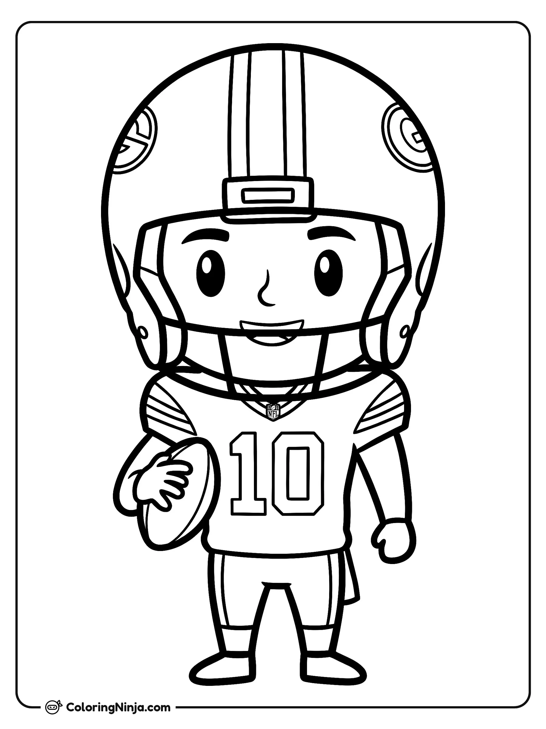 Jordan Love jugador número 10 de los Packers, dibujo para colorear: Jordan Love, jugador de los Packers con el número 10, posa sonriente con su equipo completo de fútbol americano mientras sostiene un balón bajo el brazo.