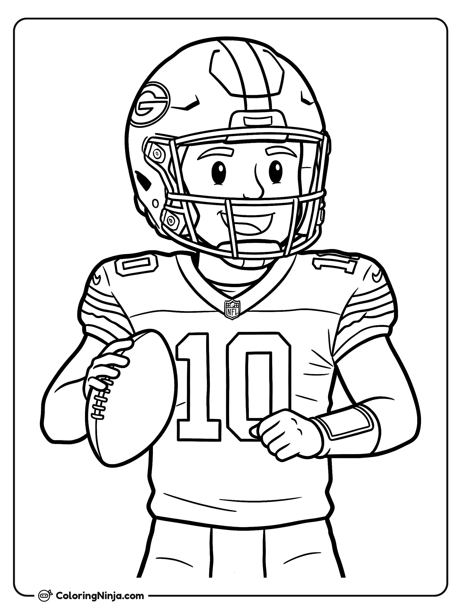 Jordan Love jugador de fútbol americano, dibujo para colorear: El jugador de fútbol americano Jordan Love posa sonriente con su uniforme completo, casco y el número 10 en el pecho mientras sostiene un balón.