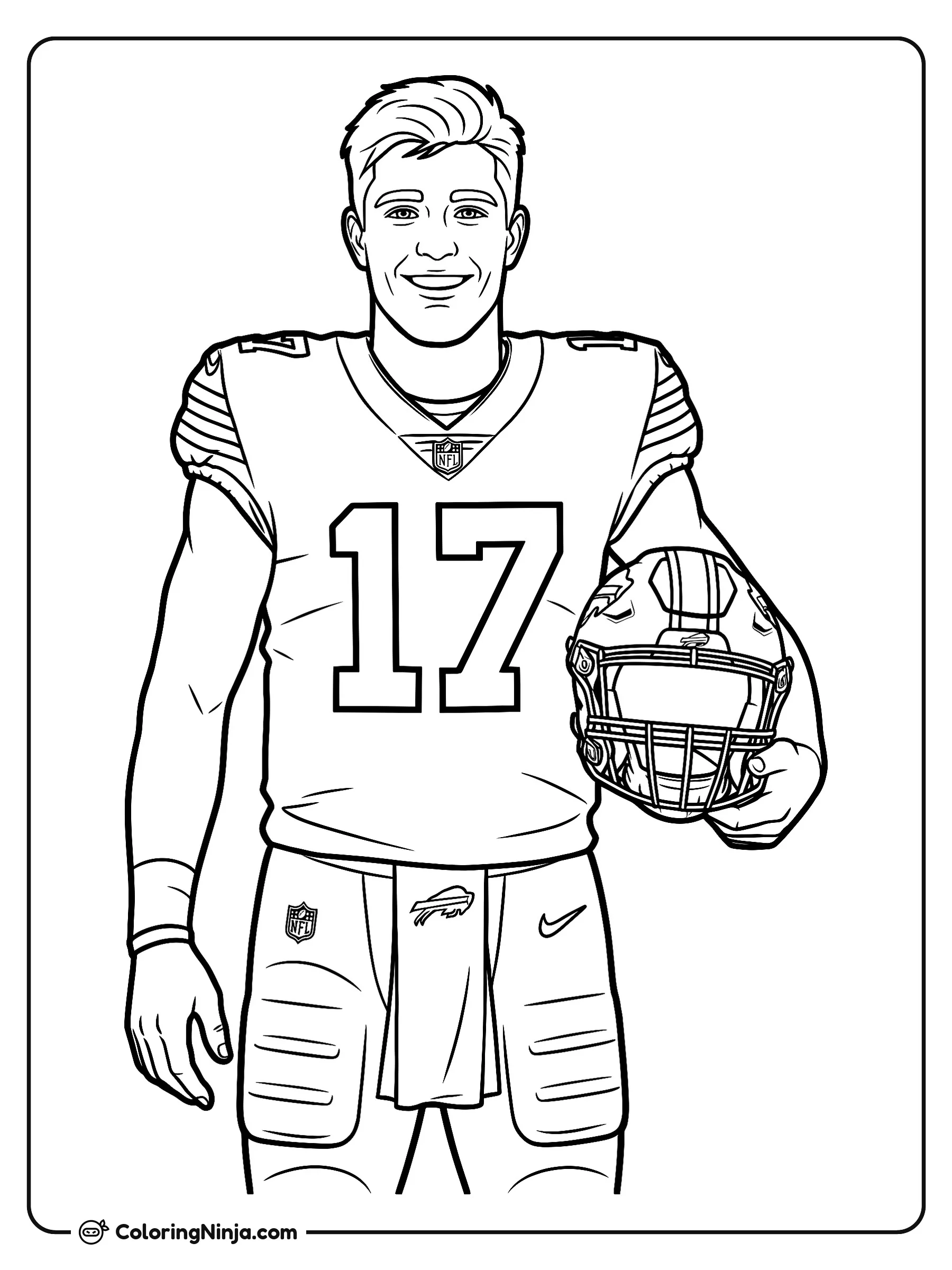 Retrato de Josh Allen con casco, dibujo para colorear: El jugador de fútbol americano Josh Allen posa sonriente con su uniforme completo y el número 17. Sostiene su casco debajo del brazo en una postura de frente.