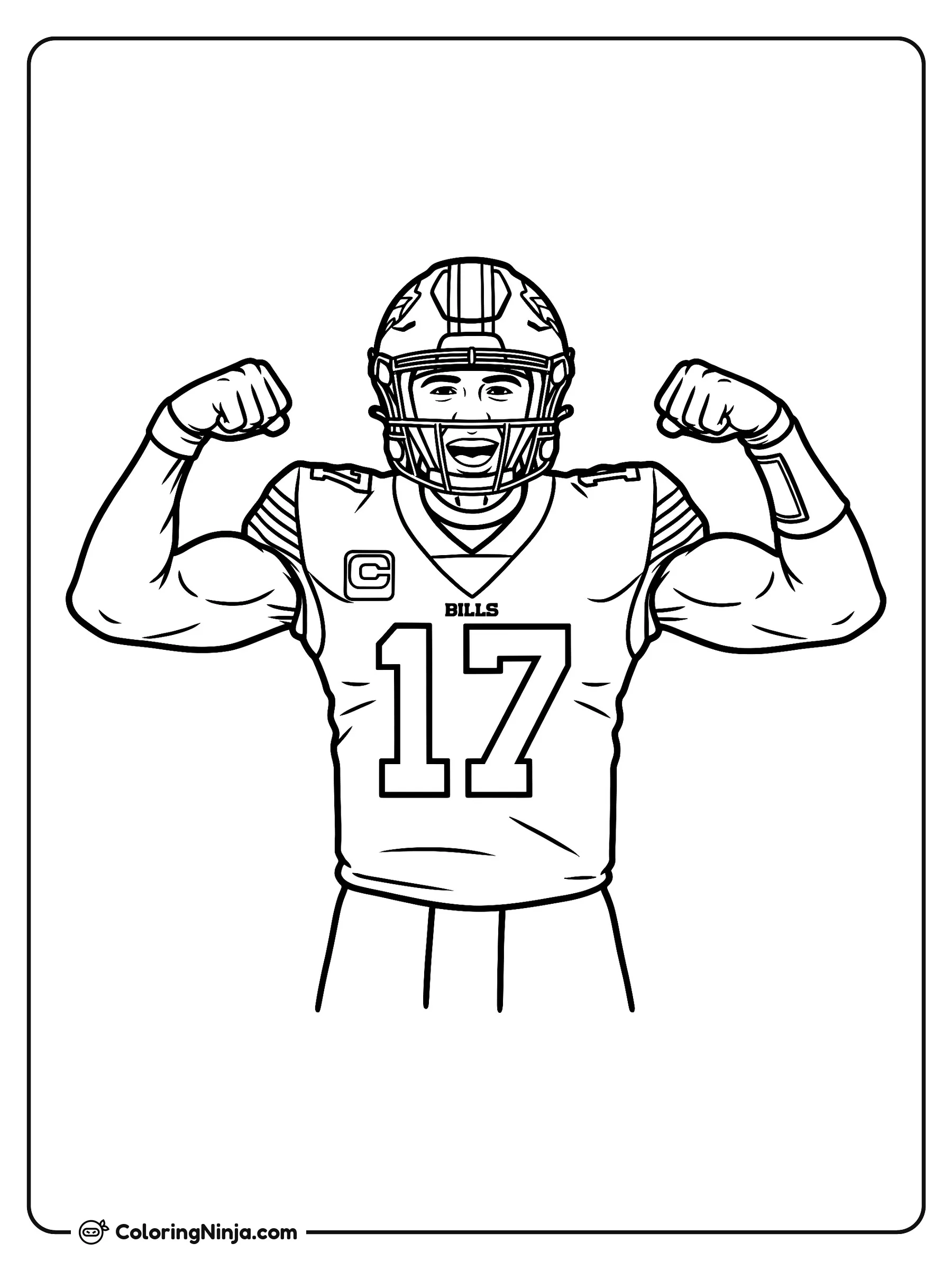 Celebración de touchdown de Josh Allen, dibujo para colorear: Josh Allen se muestra triunfante flexionando sus brazos y apretando los puños para festejar una gran jugada.