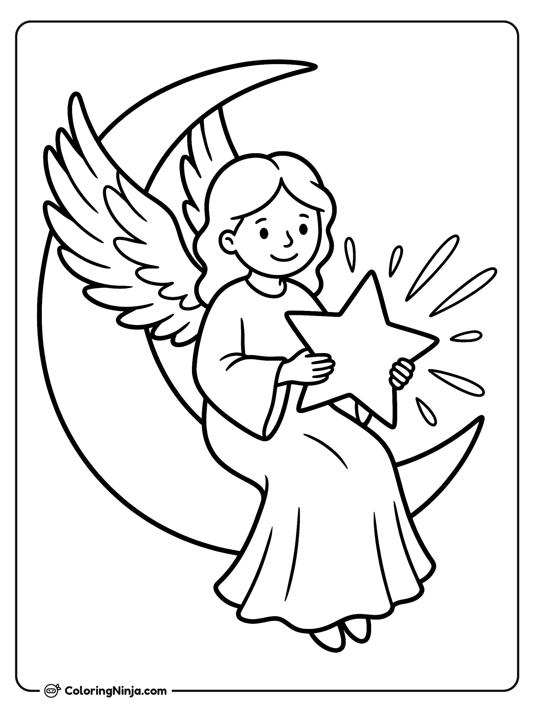Ángel con Estrella Brillante, dibujo para colorear: Un alegre angelito descansa sobre una luna creciente mientras sostiene una gran estrella brillante entre sus manos.