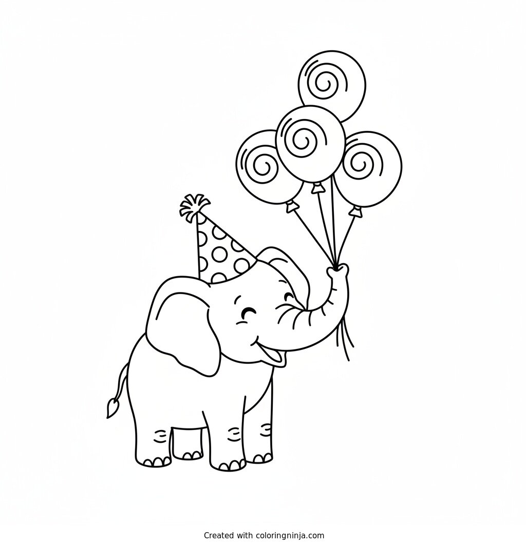 Elephant Birthday Party Fun Coloring Page