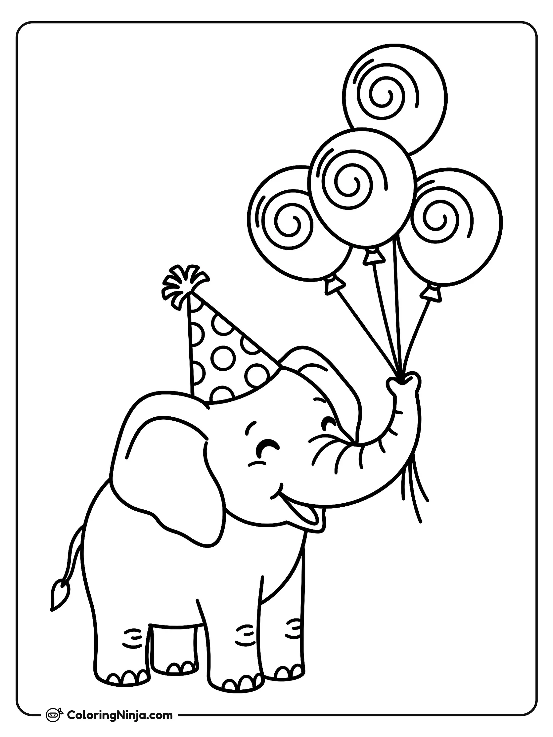 Elefante de fiesta con globos, dibujo para colorear: Un alegre elefantito celebra su cumpleaños luciendo un gorro de fiesta con lunares y pompón. Sostiene con su trompa un racimo de globos con espirales mientras sonríe.