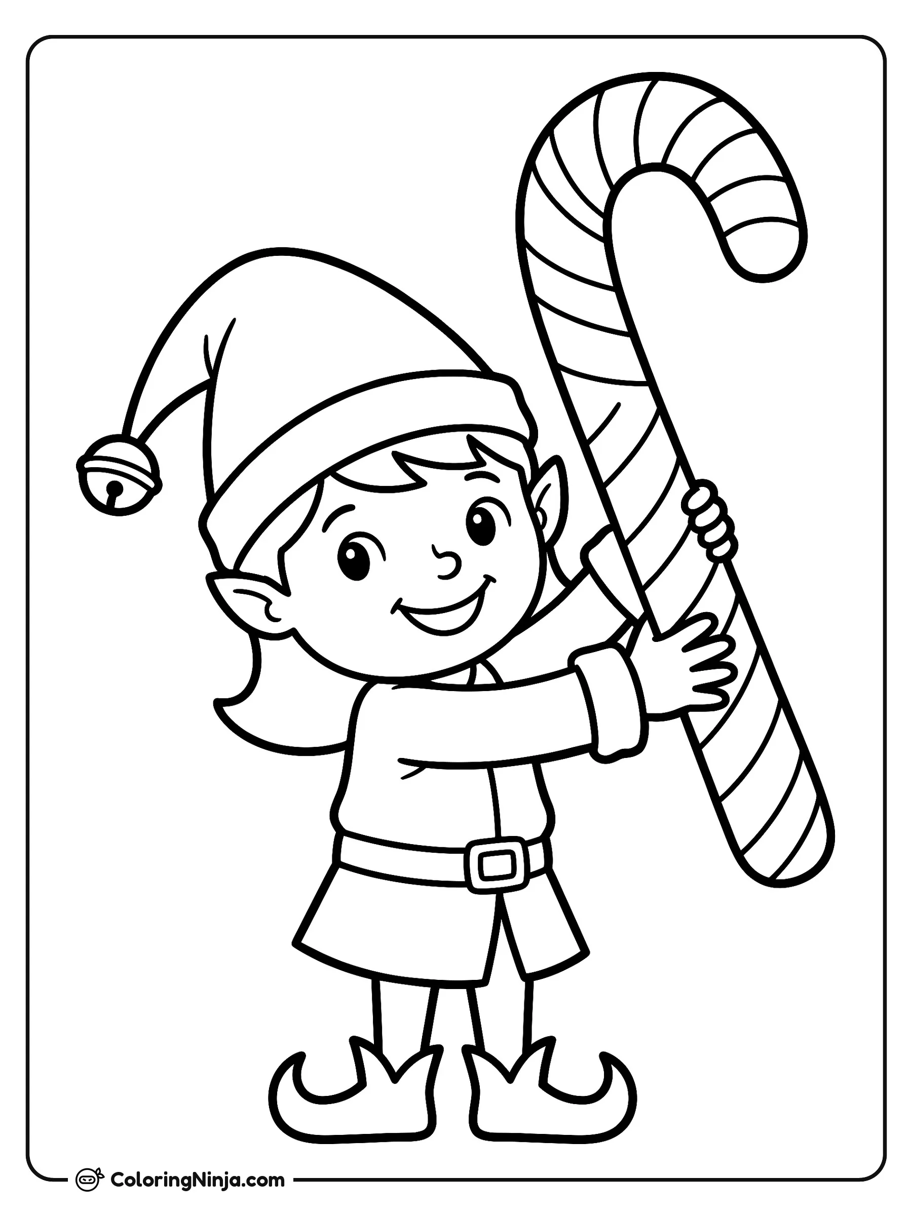 Elf Girl with Large Candy Cane Coloring Page: An elf girl wearing a dress and a pointed hat holds a large curved candy cane upright beside her. The candy cane has broad diagonal stripes that offer plenty of space for coloring.