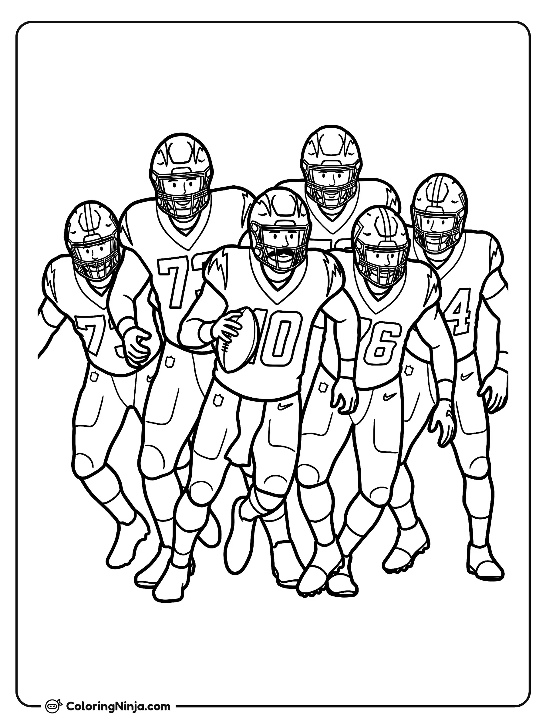 Justin Herbert corriendo contra los Raiders, dibujo para colorear: Justin Herbert avanza a toda velocidad llevando el balón de fútbol americano junto a sus compañeros de equipo.
