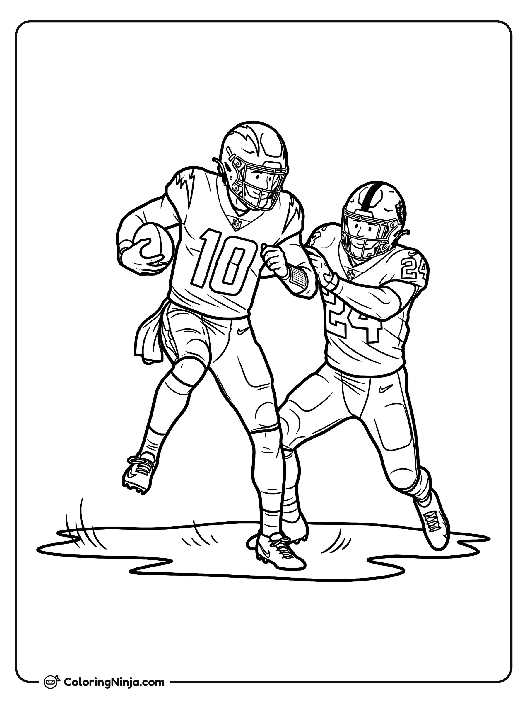 Justin Herbert esquivando a un Raider, dibujo para colorear: Justin Herbert corre por el campo de fútbol americano con el balón sujeto mientras viste el número 10.