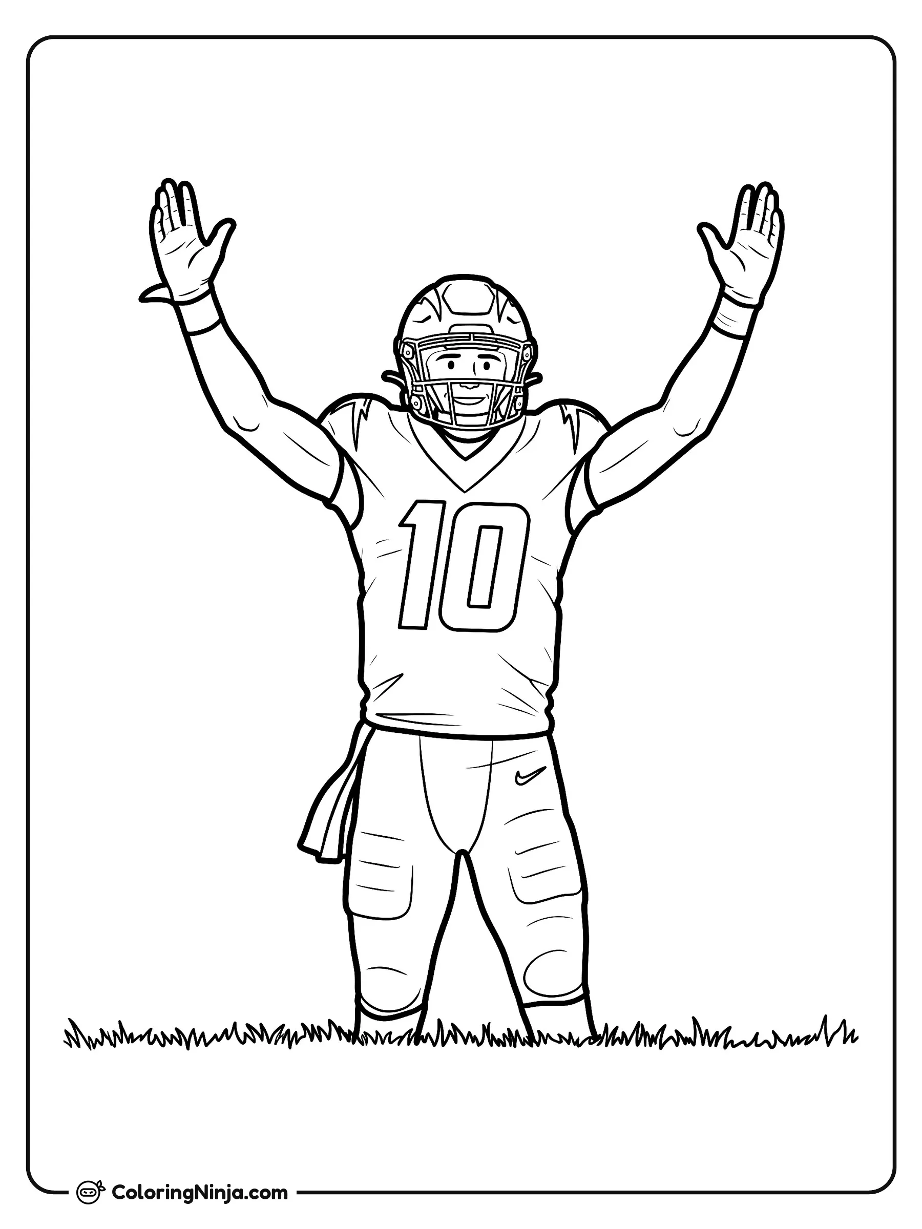 Celebración de touchdown de Justin Herbert, dibujo para colorear: Justin Herbert está de pie en el campo de fútbol americano con los brazos en alto celebrando una anotación.