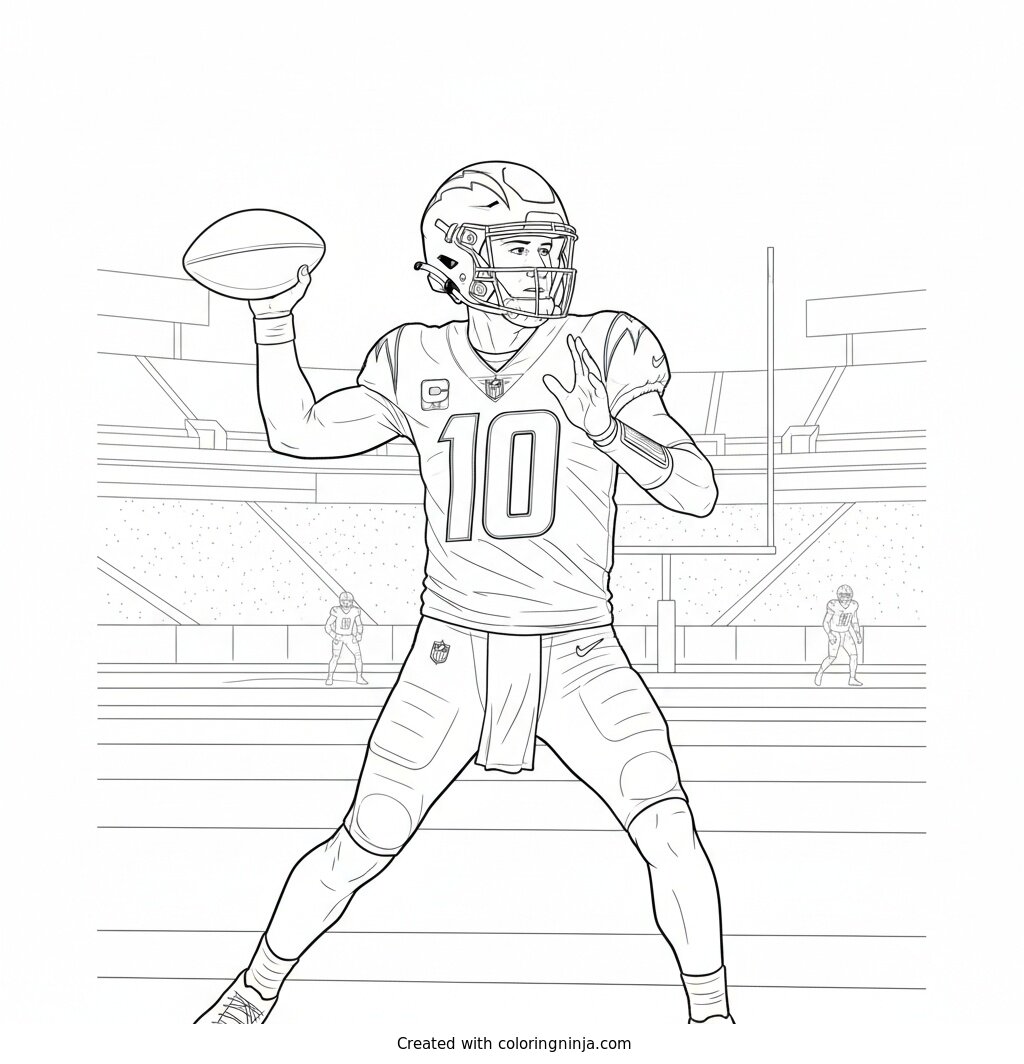 Justin Herbert Launching Deep Pass Coloring Page