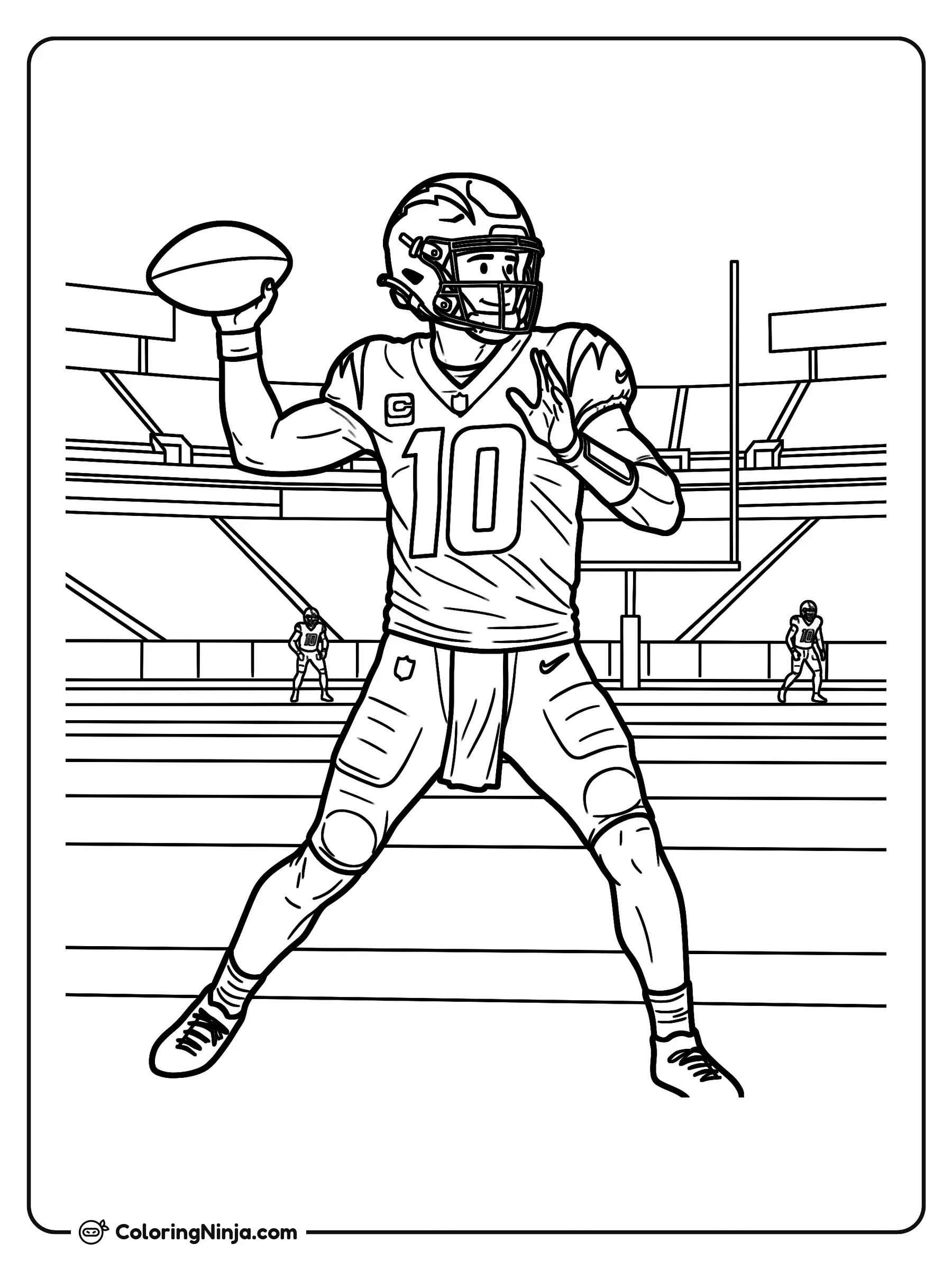 Justin Herbert lanzando un pase largo, dibujo para colorear: Justin Herbert se encuentra en el campo de fútbol americano, preparando su brazo para lanzar un pase largo.