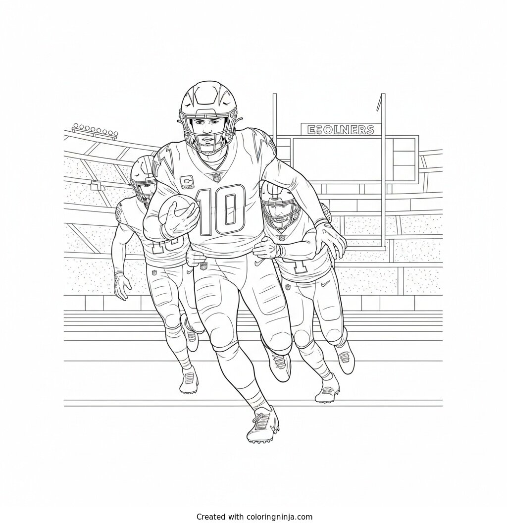 Justin Herbert Running with Football Coloring Page