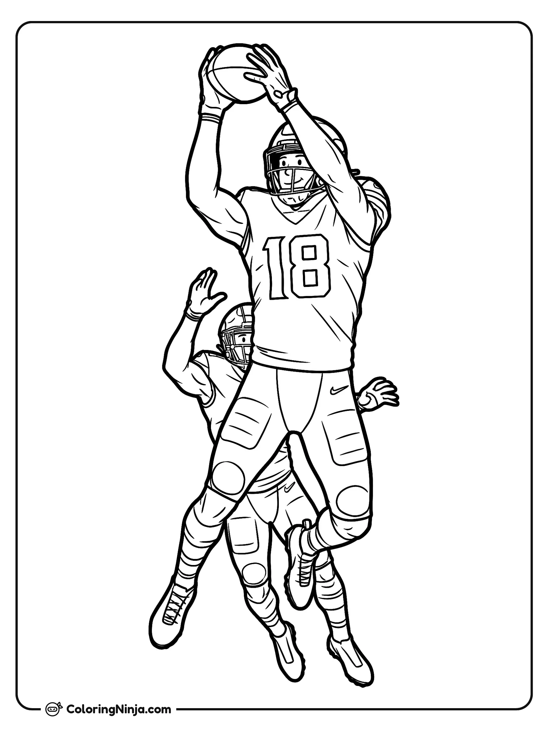 Atrapada espectacular de Justin Jefferson, dibujo para colorear: Justin Jefferson salta por los aires para atrapar un balón de fútbol americano vistiendo su uniforme con el número 18. Detrás de él, otro jugador intenta alcanzar el balón durante la jugada.