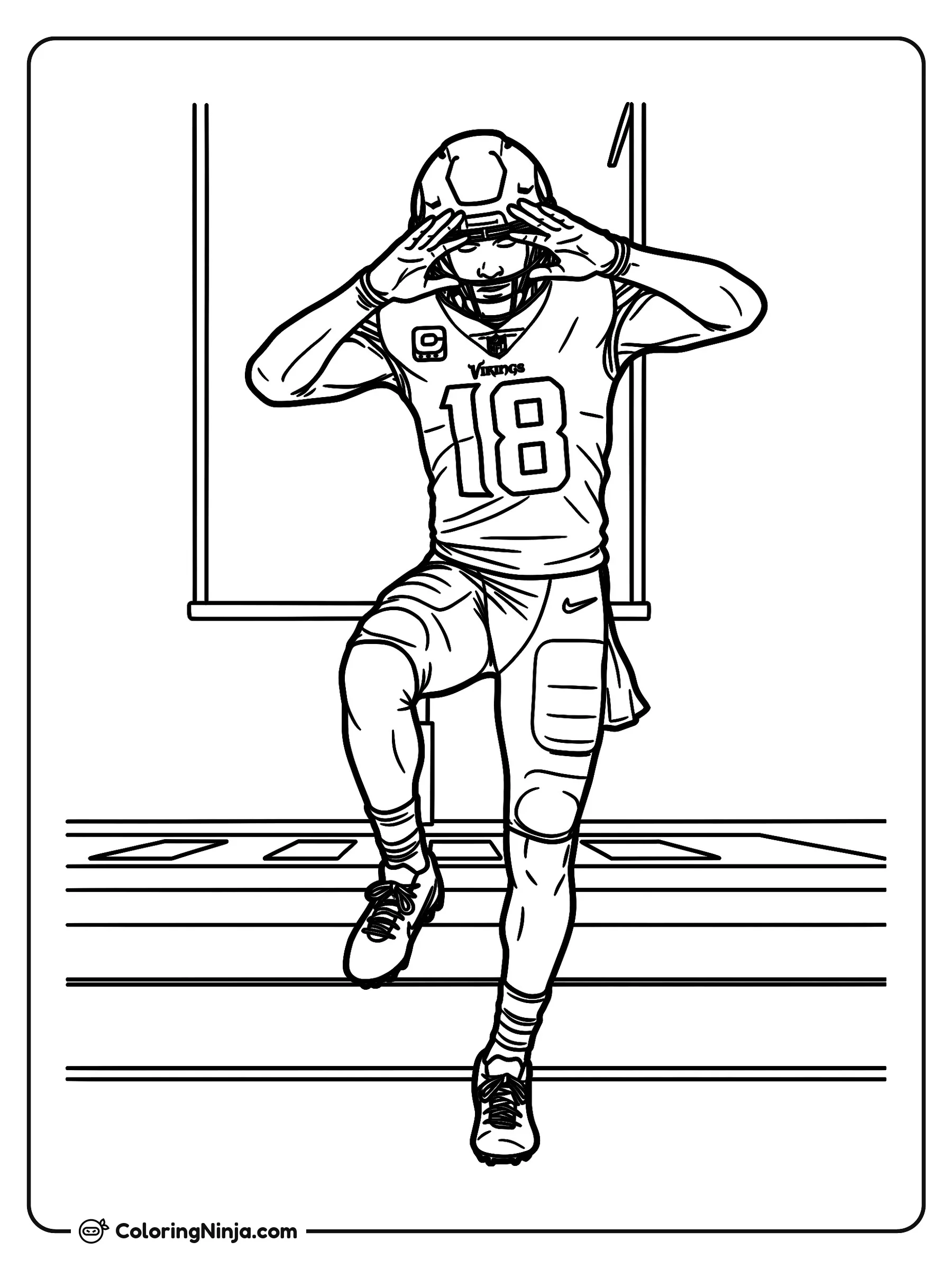 Justin Jefferson bailando el Griddy, dibujo para colorear: La estrella del fútbol americano Justin Jefferson realiza su famoso baile Griddy en el campo vistiendo su uniforme completo y casco.