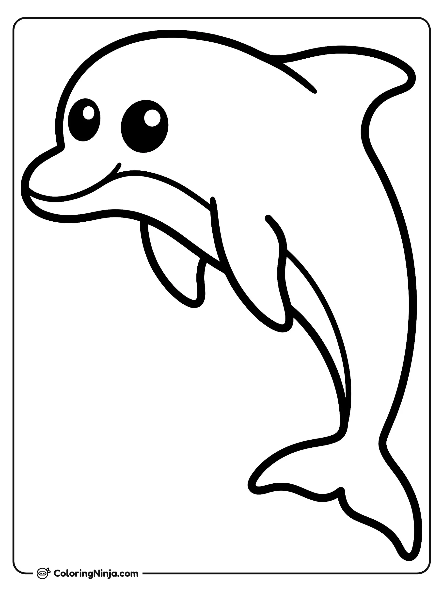 Un Delfín Kawaii Sonriente, dibujo para colorear: Un adorable delfín salta alegremente mostrando sus grandes ojos brillantes y una tierna sonrisa. Su cuerpo arqueado deja ver sus aletas y su cola mientras flota en el aire.