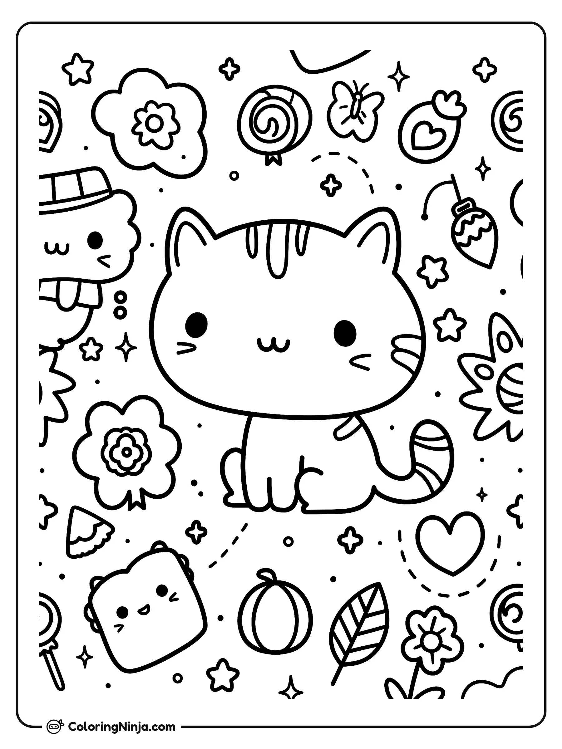 Patrón garabato kawaii con gatito, dibujo para colorear: Un tierno gatito kawaii descansa en el centro de un divertido patrón lleno de elementos alegres.