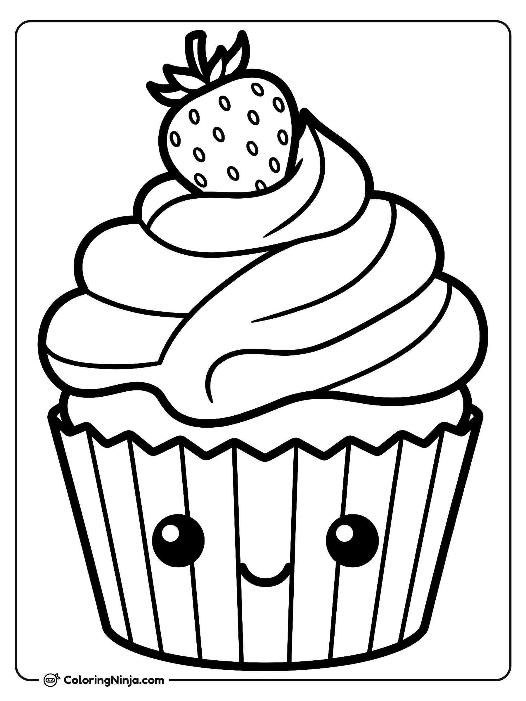 Muffin Kawaii con Fresa, dibujo para colorear: Un tierno muffin estilo kawaii muestra una carita sonriente en su envoltura a rayas. En la parte superior lleva abundante betún decorado con una fresa entera.