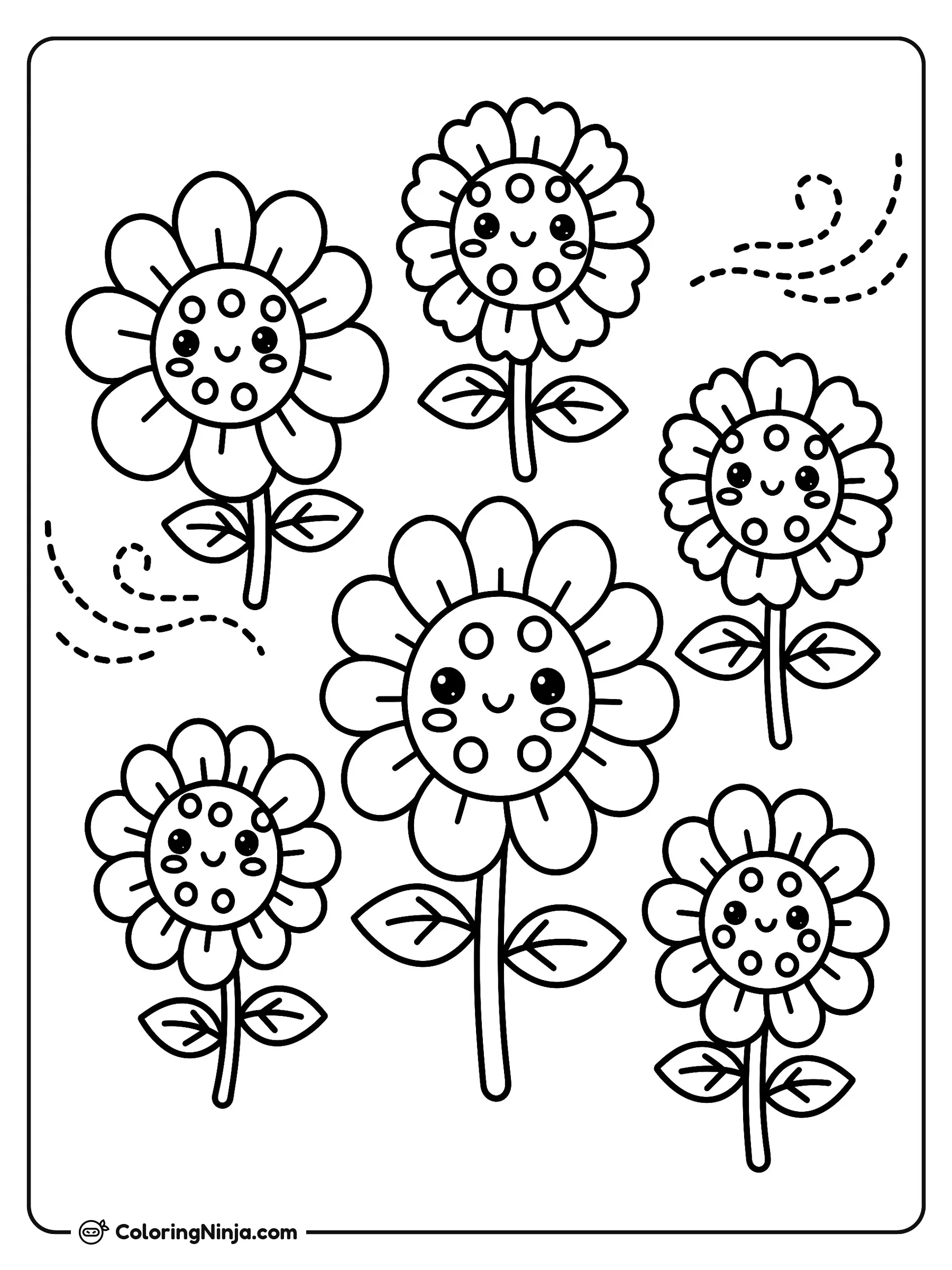 Girasoles Kawaii Sonrientes en el Jardín, dibujo para colorear: Seis amigables girasoles kawaii sonríen juntos en un soleado jardín mientras una suave brisa sopla a su alrededor.