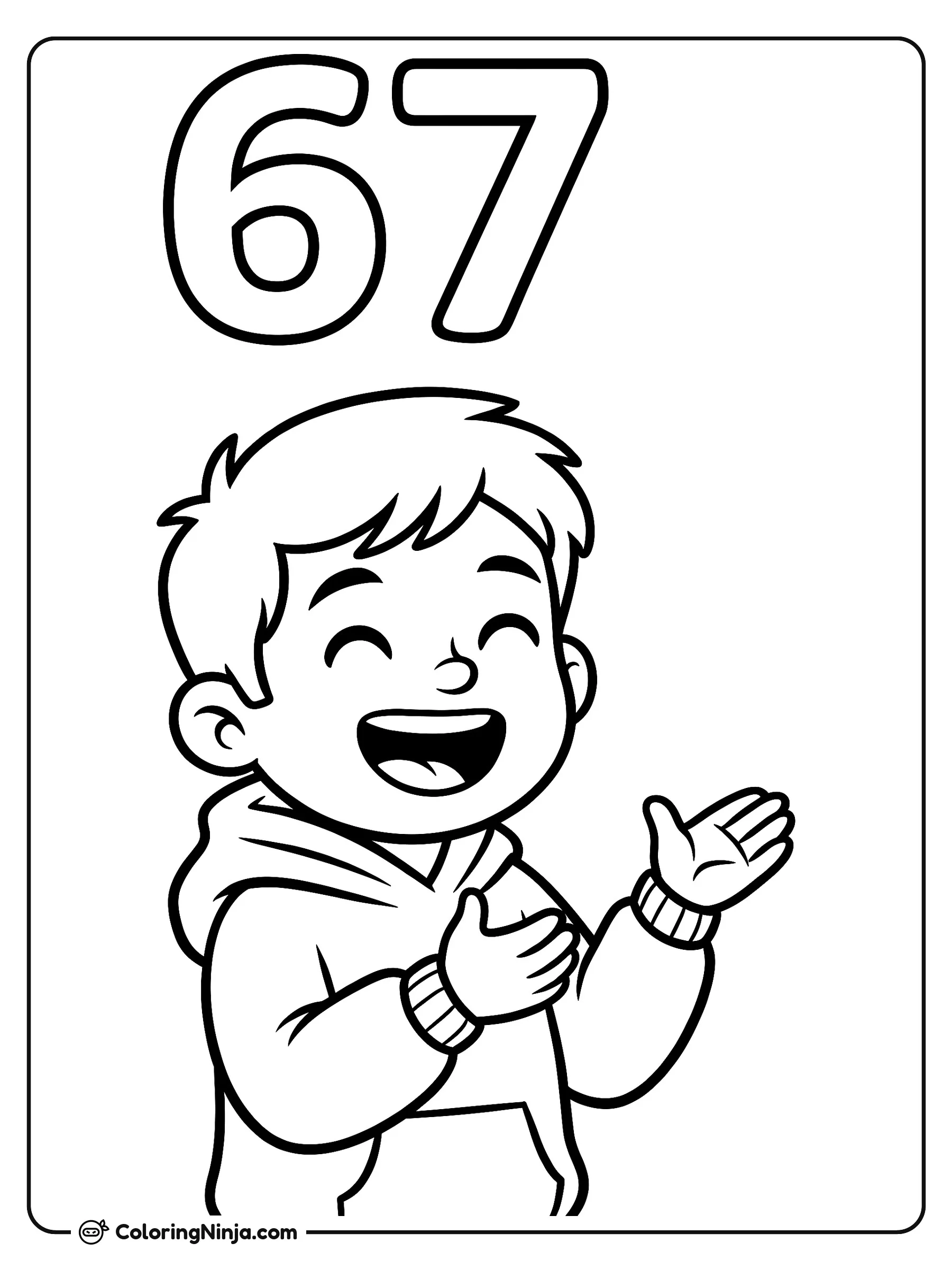 Niño haciendo el gesto 6 7, dibujo para colorear: Un niño alegre con sudadera sonríe ampliamente mientras levanta las manos. En la parte superior se muestran los grandes números 6 y 7 listos para pintar.