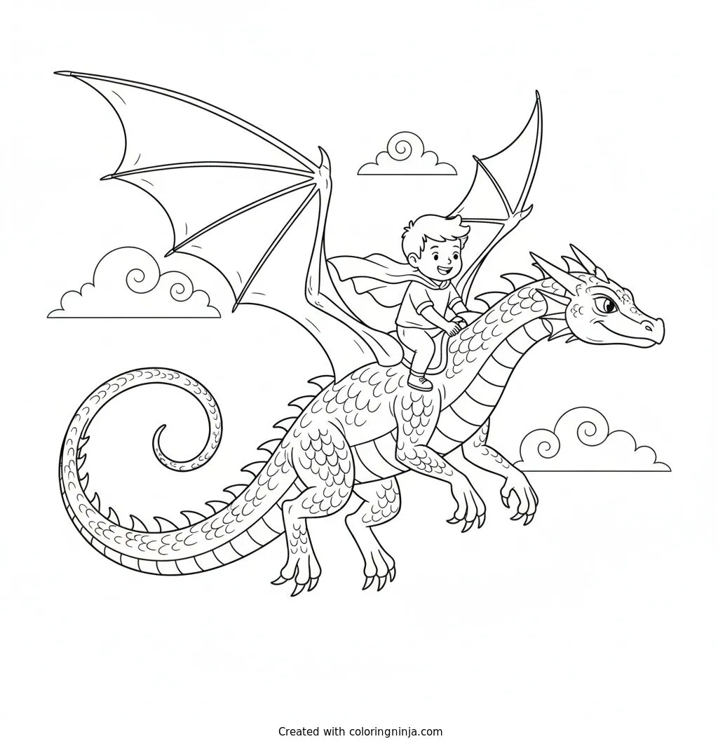 A Kid Flying On A Dragon Coloring Page: This scene depicts a child riding on the back of a dragon as it flies through the air. The kid sits securely on the creature while navigating the open sky.