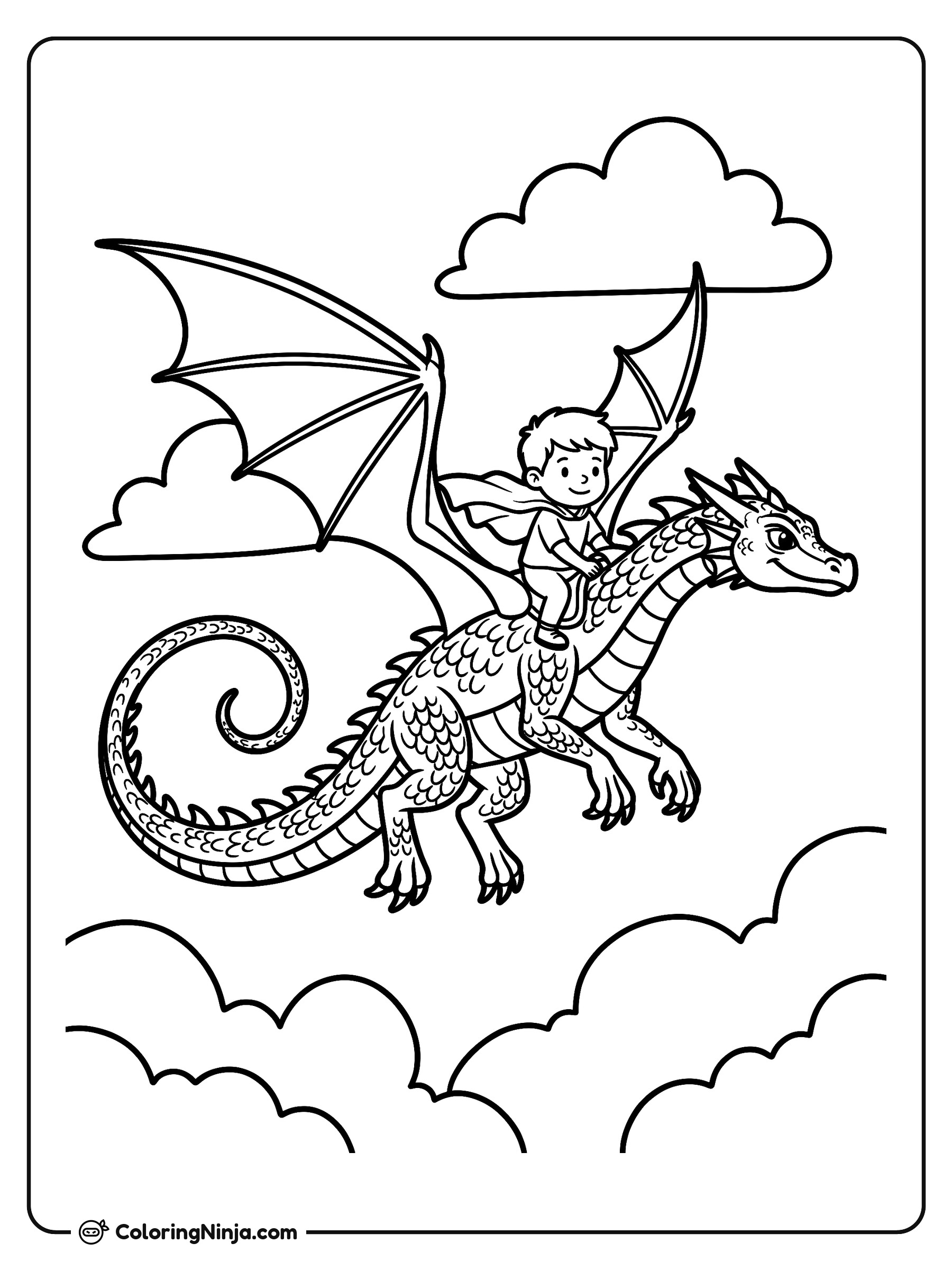 A Kid Flying On A Dragon Coloring Page