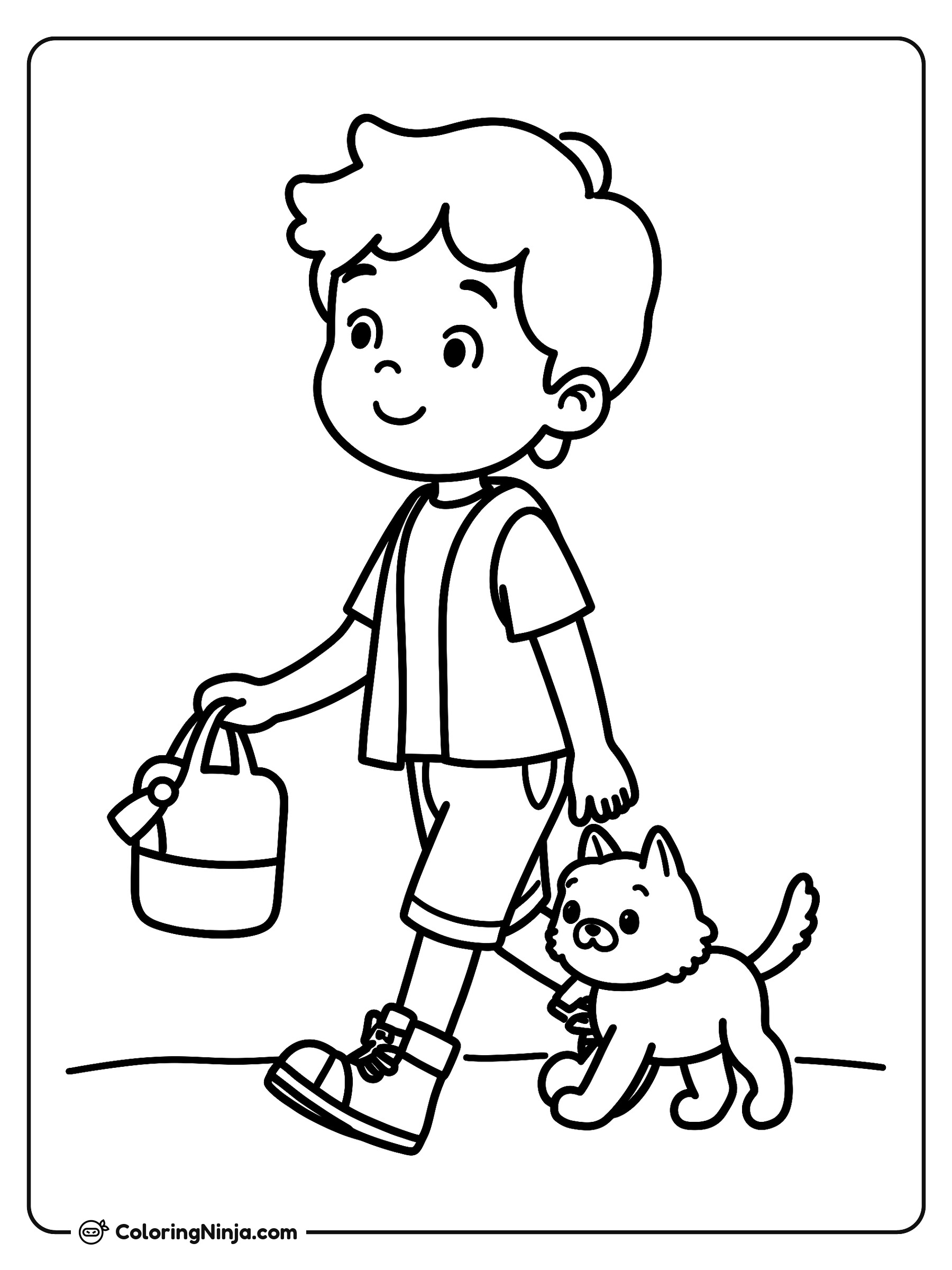 Niño paseando a su perro: dibujo para colorear