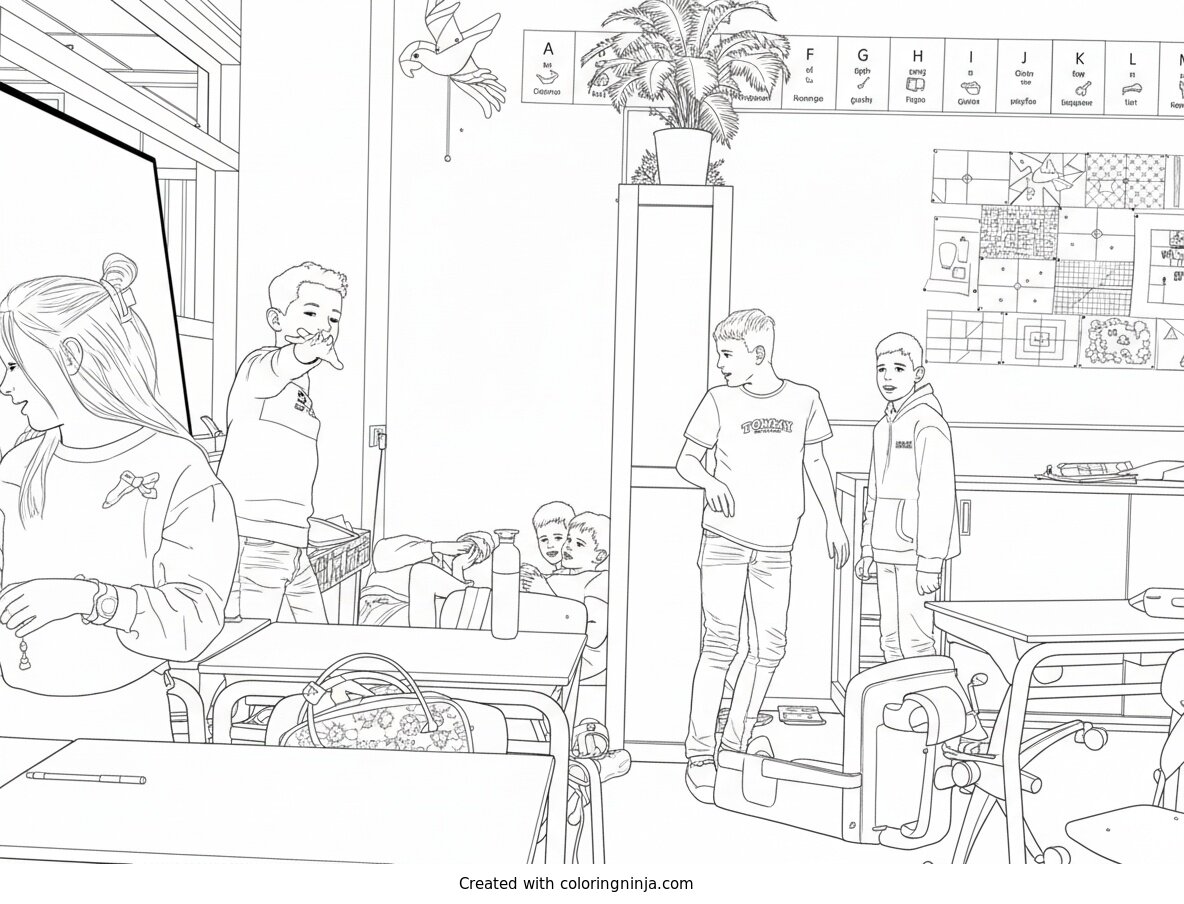 Coloring page of Kids in a Classroom with Desks