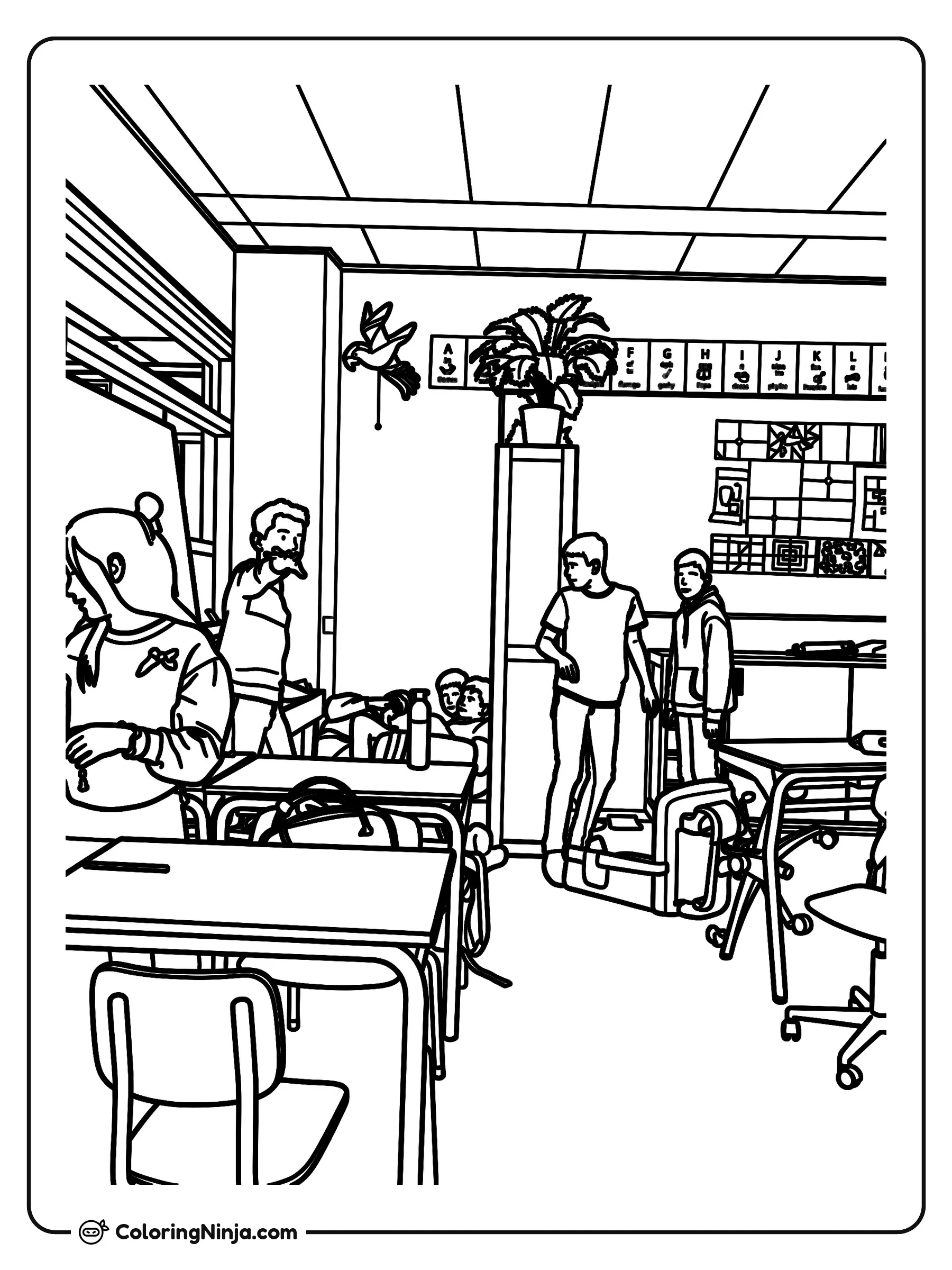 Niños en un salón de clases, dibujo para colorear: Un grupo de niños interactúa en un salón de clases lleno de escritorios de madera, plantas e iluminación natural.