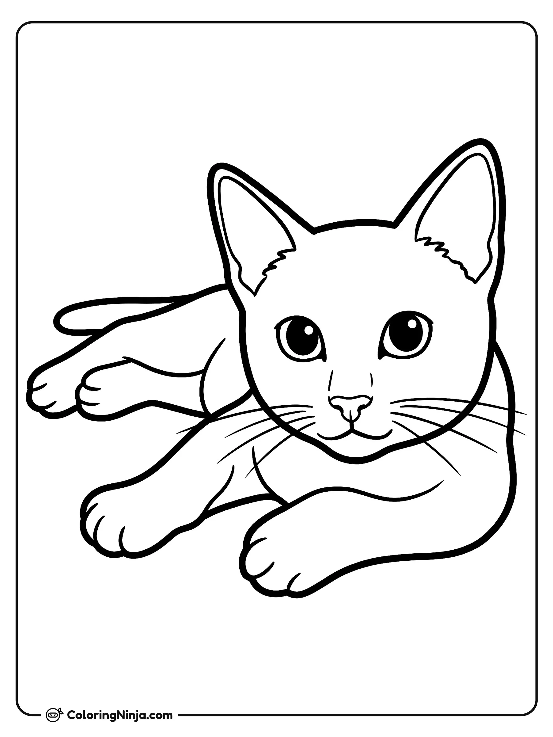 Un gatito tierno descansando en el suelo, dibujo para colorear: Un pequeño gatito descansa cómodamente en el suelo mientras mira hacia adelante con sus grandes ojos curiosos y orejas erguidas.