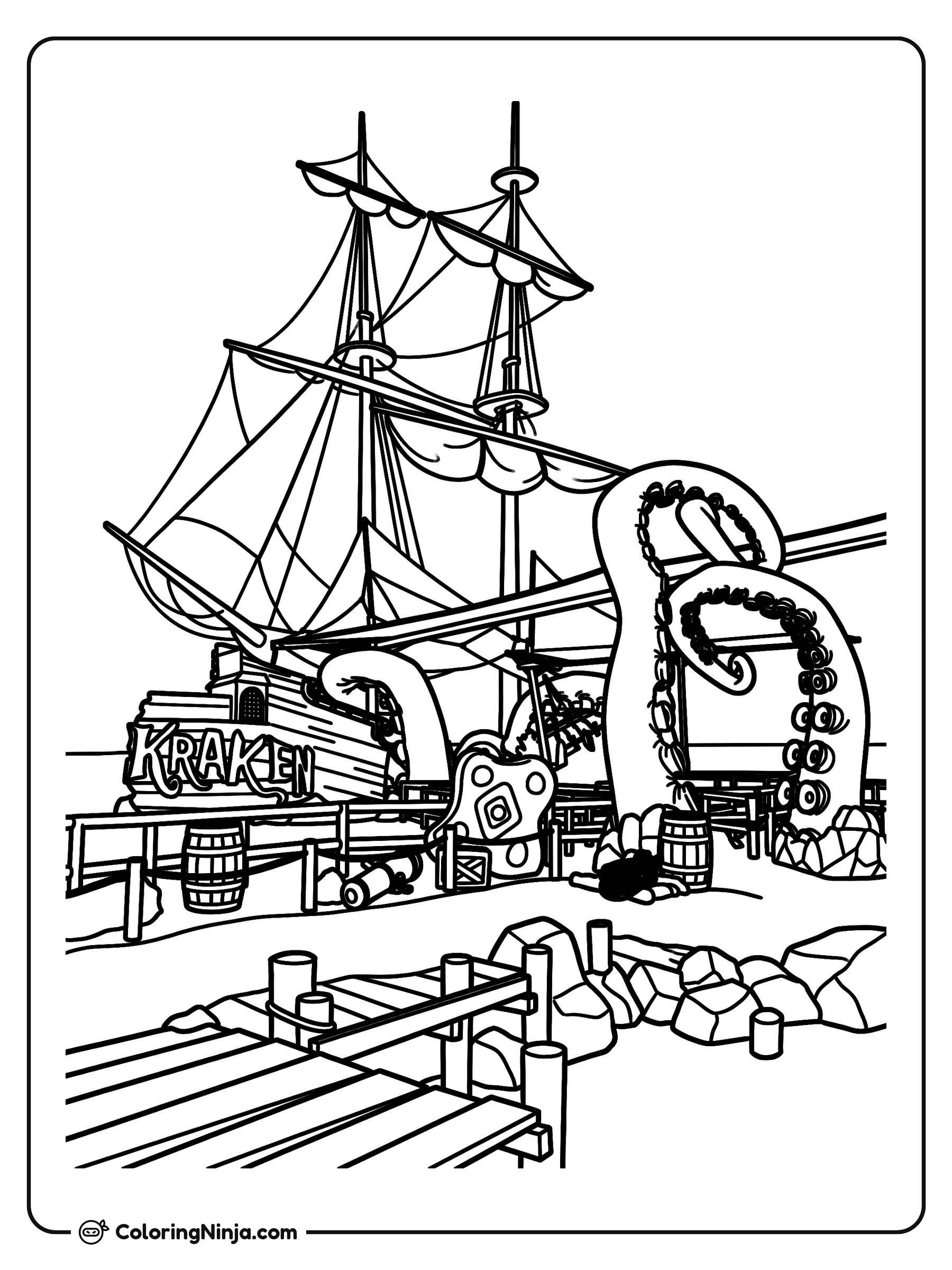 Kraken atacando un barco con sus tentáculos: dibujo para colorear