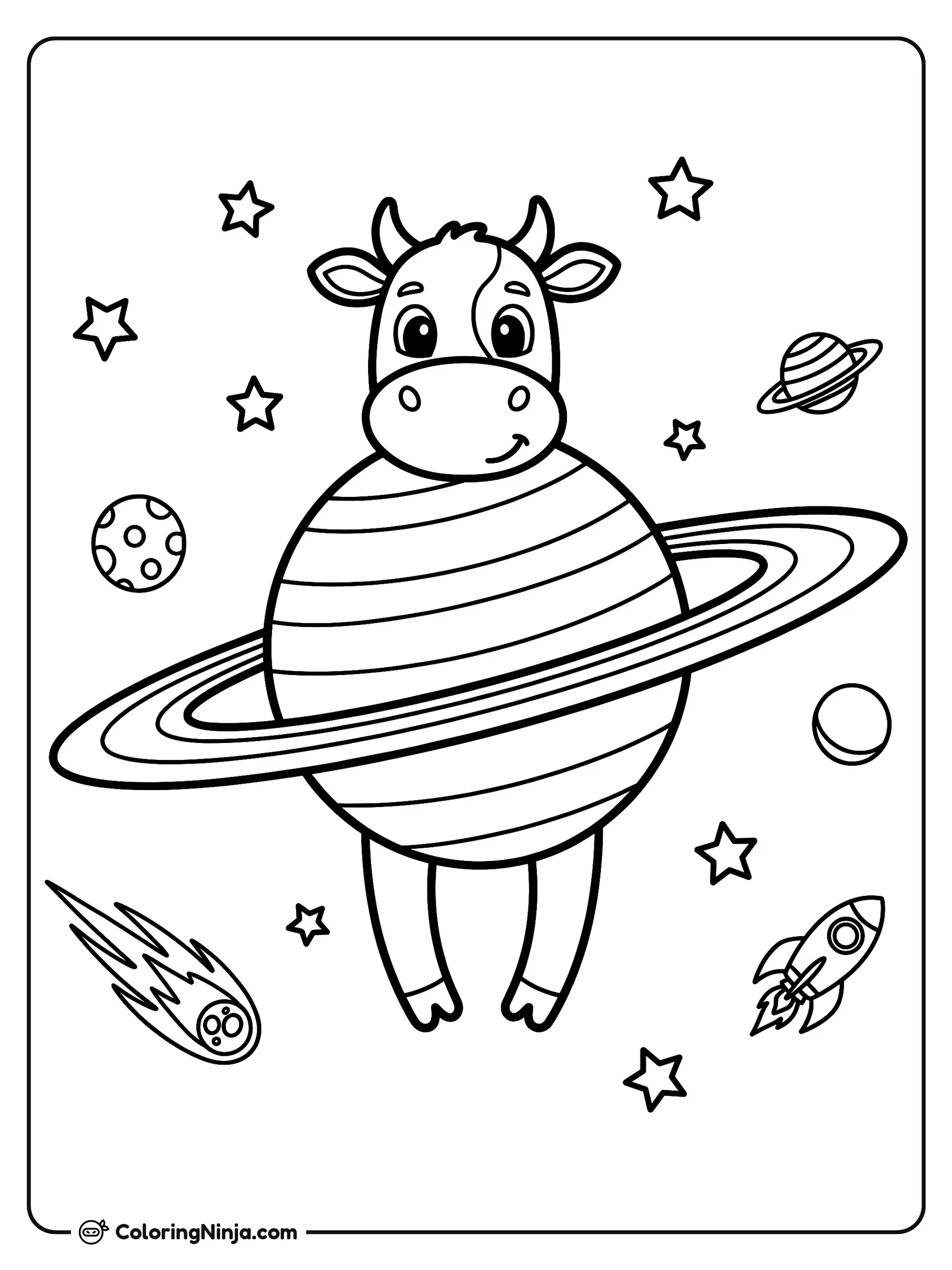 La Vaca Saturno Saturnita en el espacio, dibujo para colorear: La Vaca Saturno Saturnita flota alegremente por el espacio exterior como un planeta con anillos, cabeza de vaca y patas.
