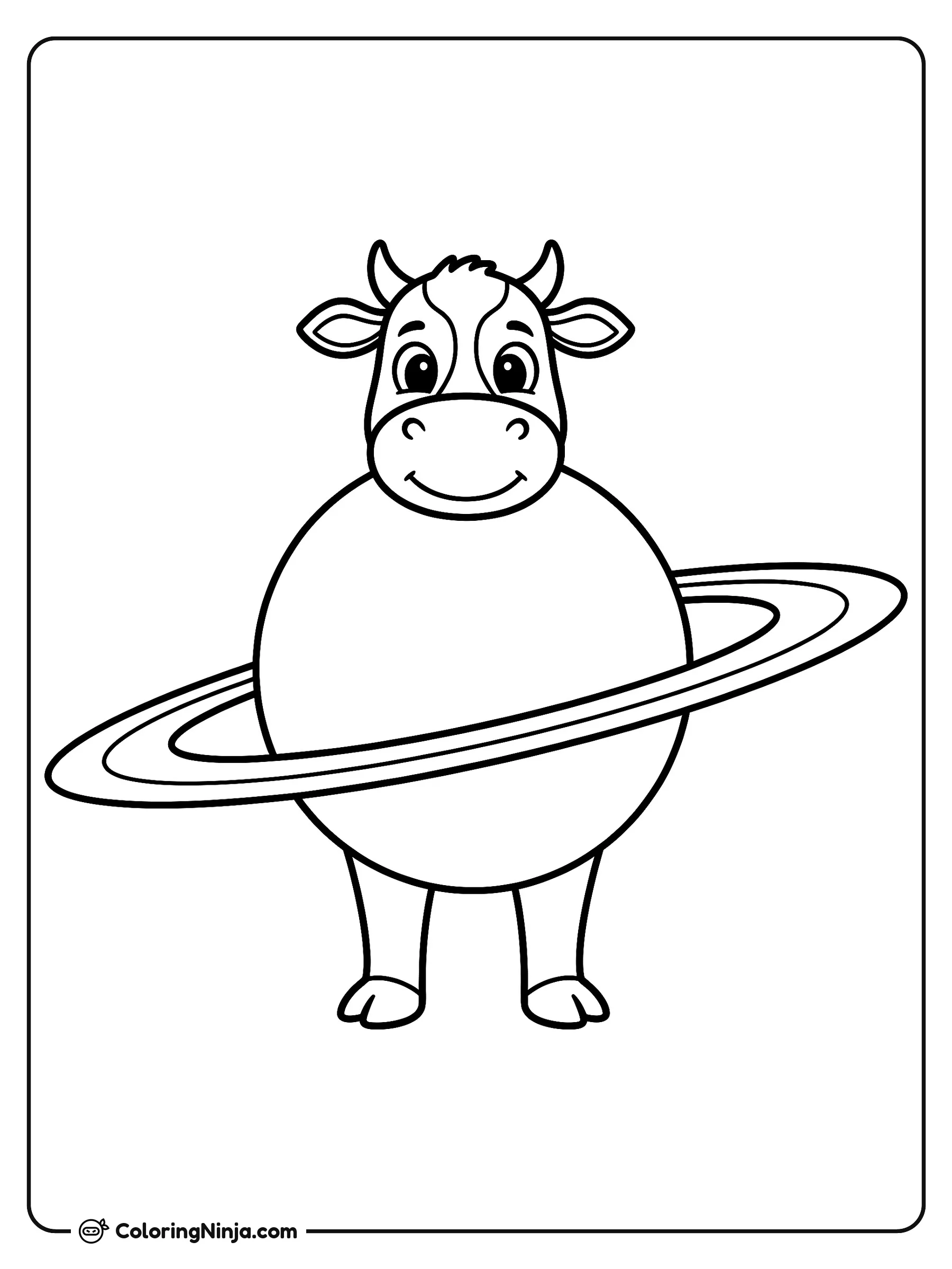 La Vaca Saturno Saturnita, dibujo para colorear: Esta simpática imagen muestra a un personaje fantástico que combina una vaca sonriente con el planeta Saturno y sus anillos.