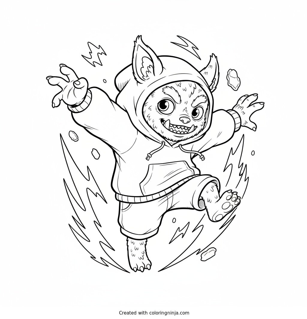 Coloring page of Labubu in a dynamic action pose jumping