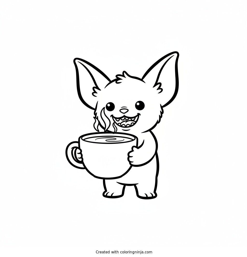 Coloring page of Labubu holding a cup of coffee