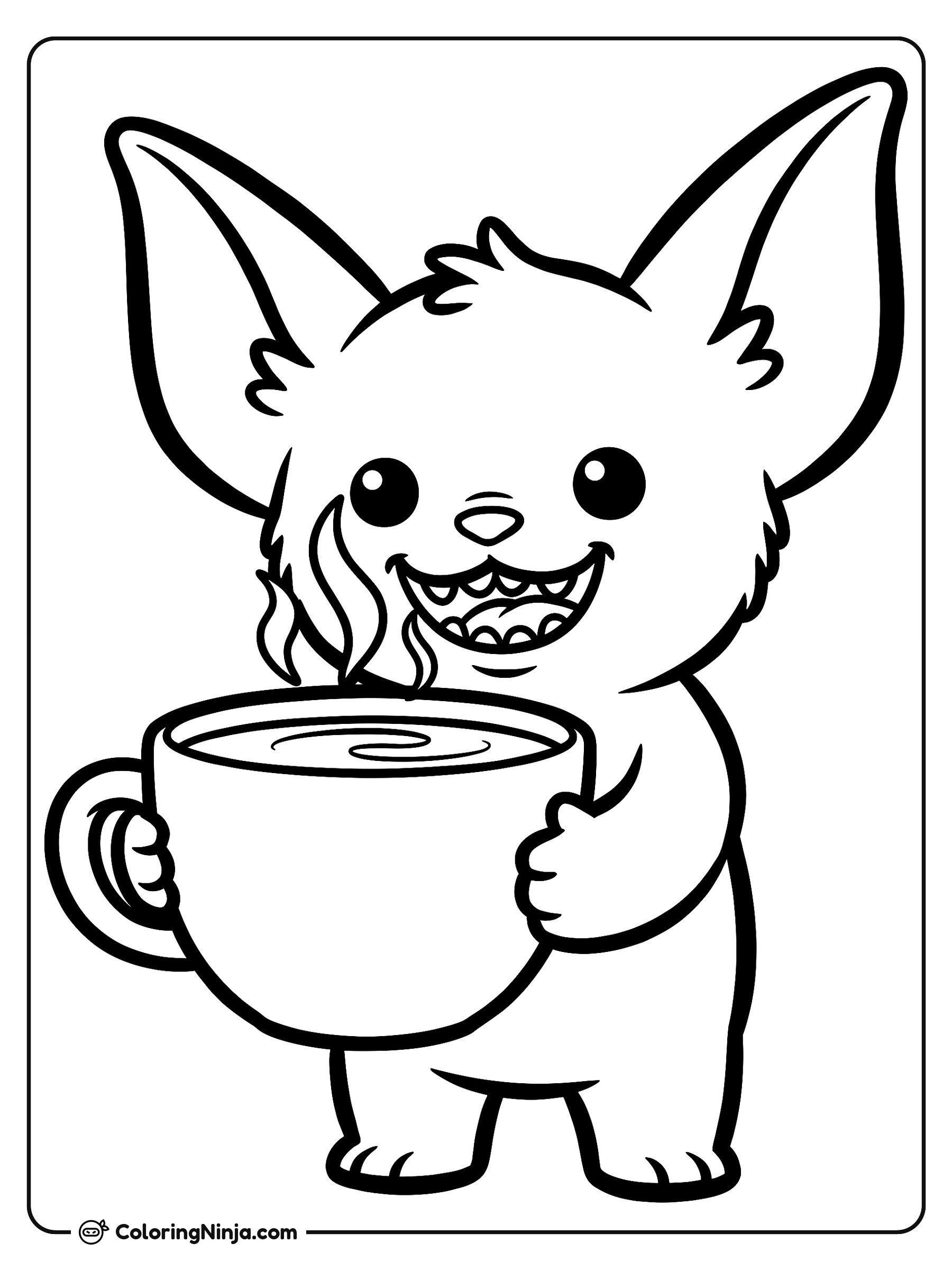 Labubu sosteniendo una taza de café: dibujo para colorear