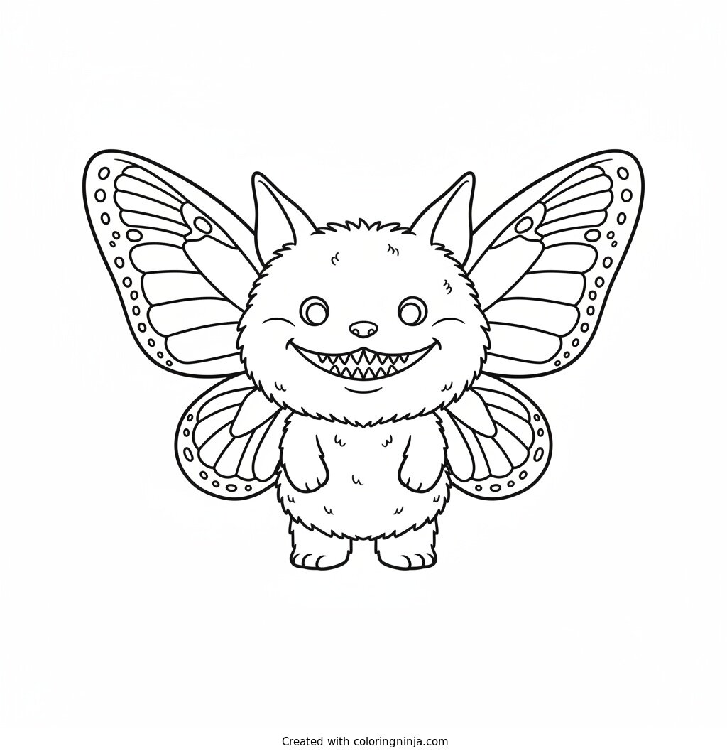 Coloring page of Labubu, a small fluffy elf-eared creature with a wide grin showing nine small pointy teeth, with butterfly wings