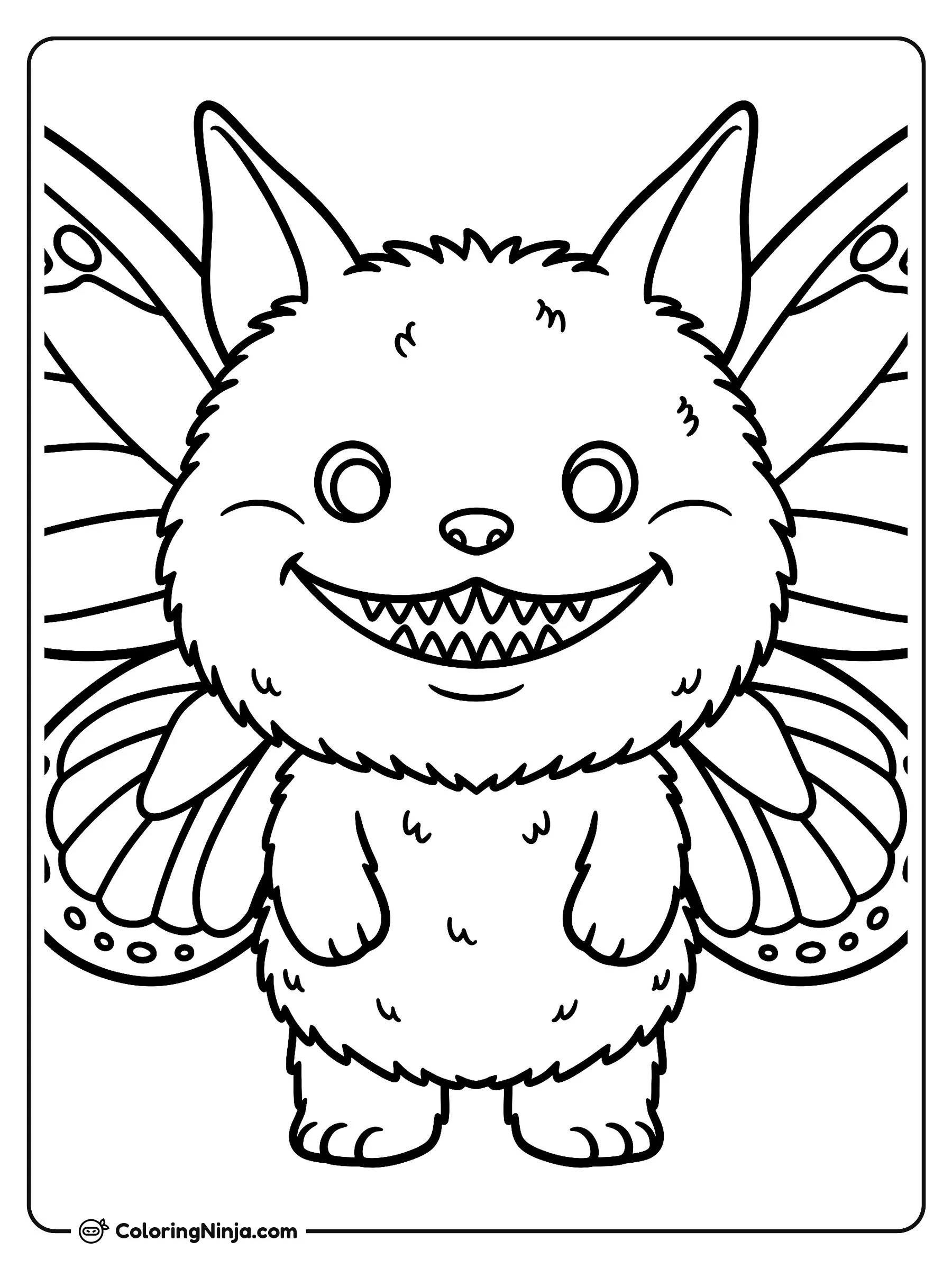 Labubu with Butterfly Wings Coloring Page: This coloring page features Labubu, a small fluffy elf-eared creature. Labubu is depicted with a wide grin that displays nine small pointy teeth and has butterfly wings attached to its back.