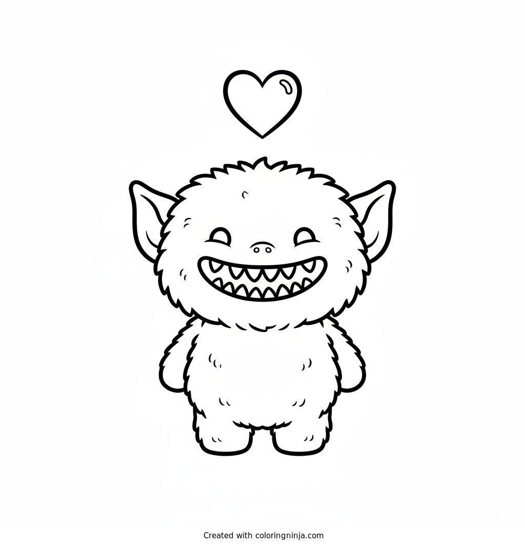 Coloring page of Labubu, a small fluffy elf-eared creature with a wide grin showing nine small pointy teeth, with a heart floating above its head