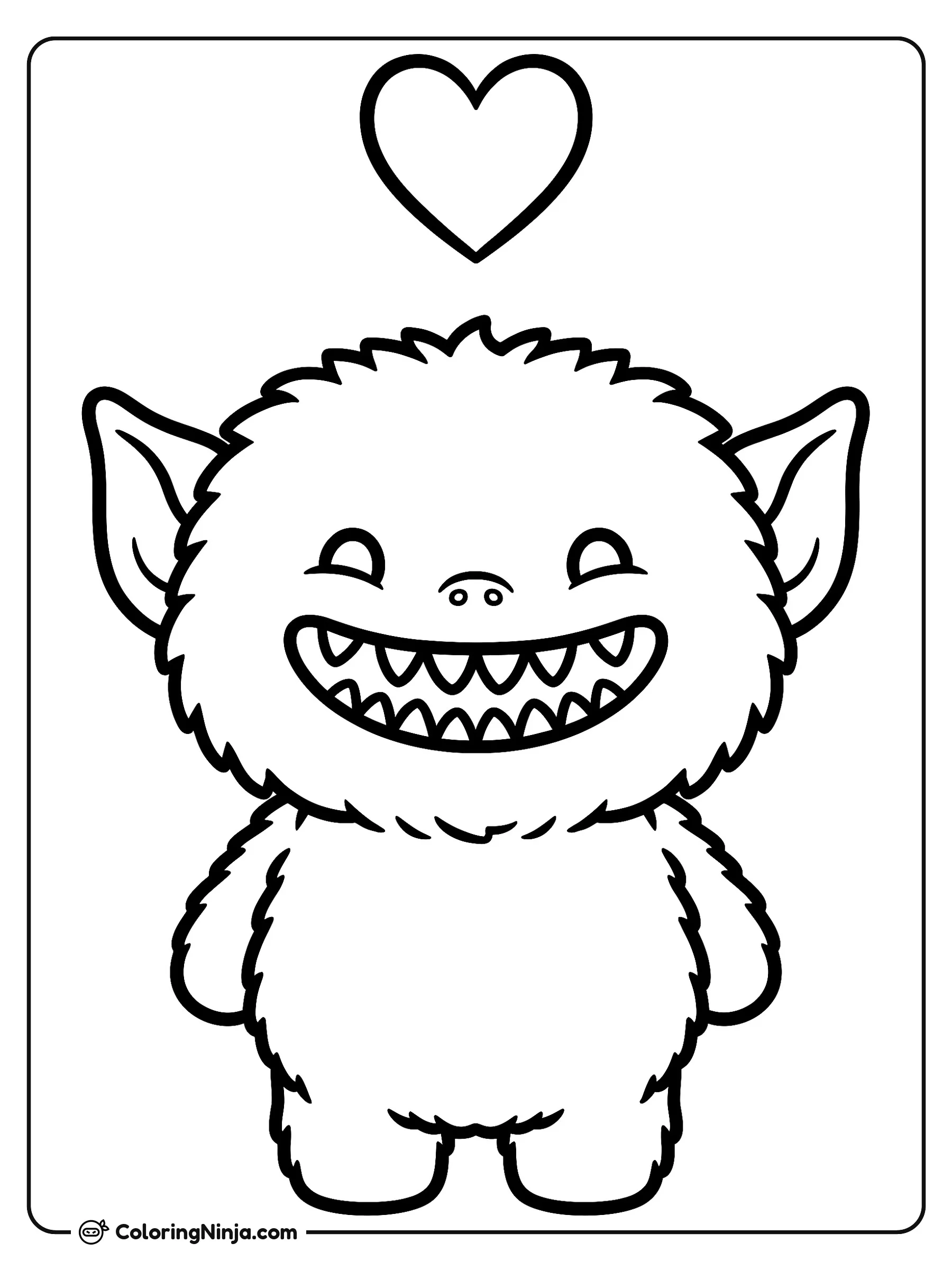 Cute Labubu with a Heart Coloring Page: This coloring page features Labubu, a small fluffy creature with elf ears, featuring a wide grin that shows nine small pointy teeth.