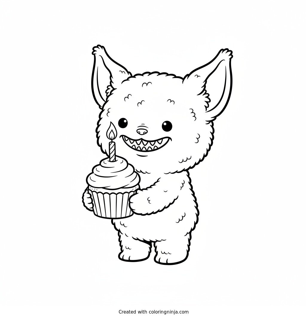 Coloring page of Labubu, a small fluffy elf-eared creature with a wide grin showing nine small pointy teeth, holding a birthday cupcake with a candle