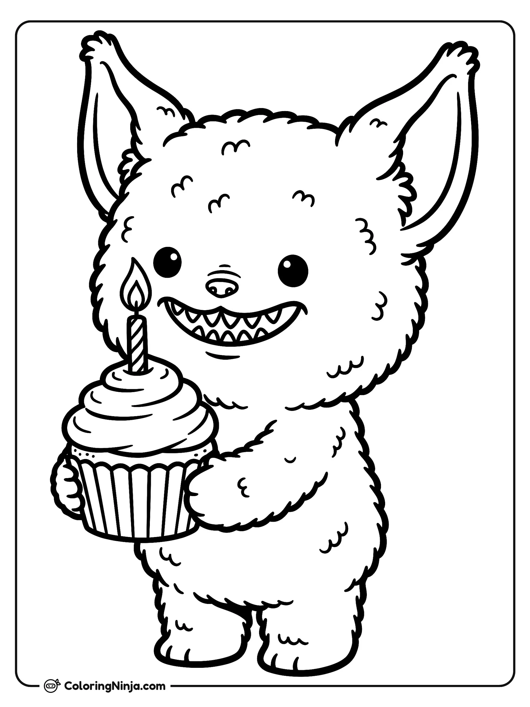 Labubu Birthday Cupcake Celebration Coloring Page: This coloring page features Labubu, a small fluffy creature with elf ears and a wide grin that reveals nine small pointy teeth.