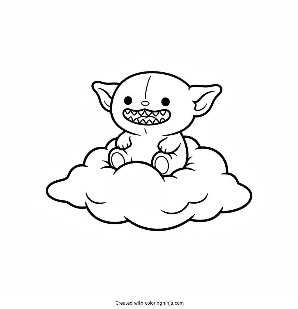 Coloring page of Labubu, a small fluffy elf-eared creature with a wide grin showing nine small pointy teeth, sitting on a fluffy cloud